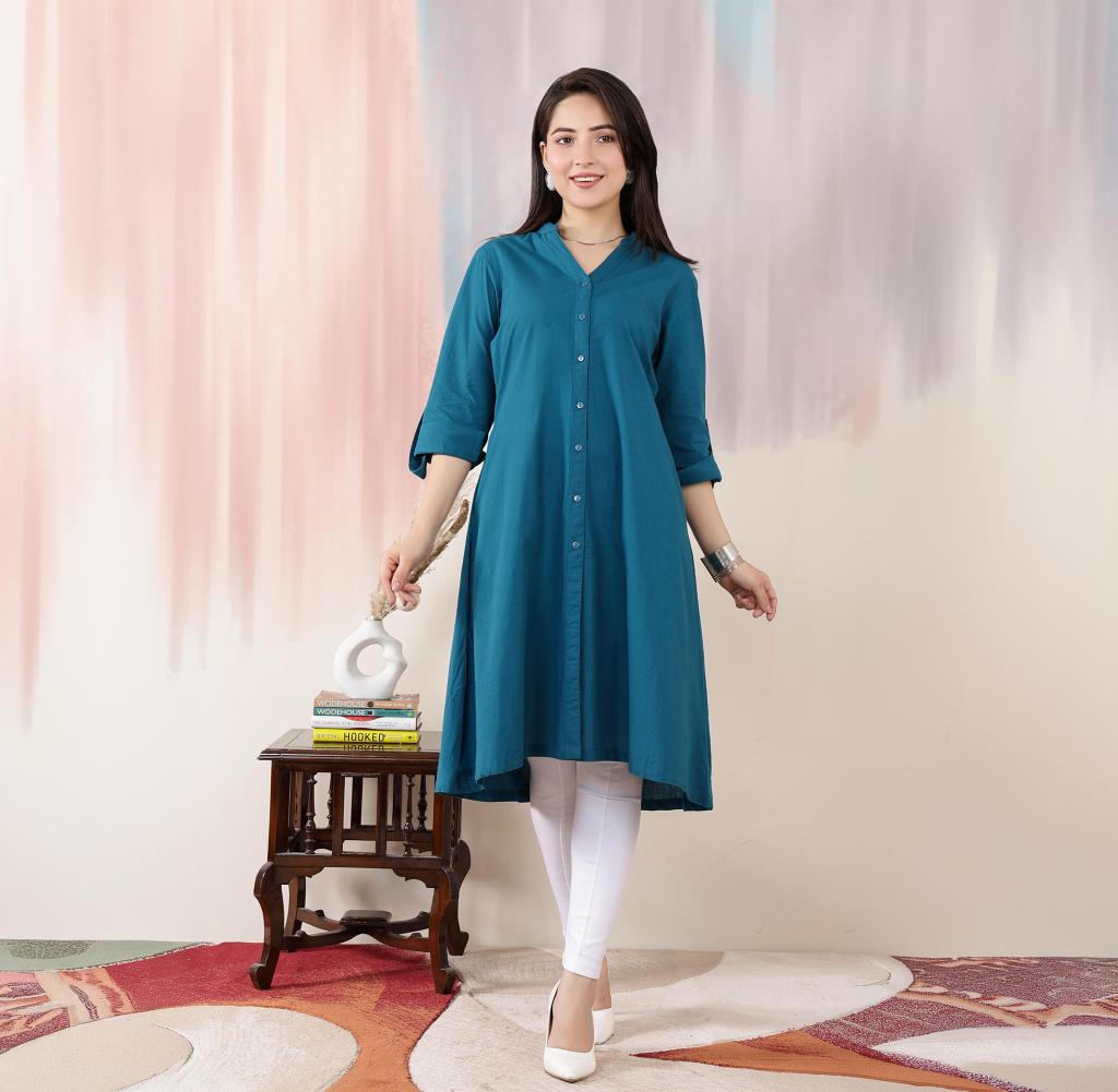 Indigo Blue Placket A Line Kurta [100% pure cotton] -planket a line kurta