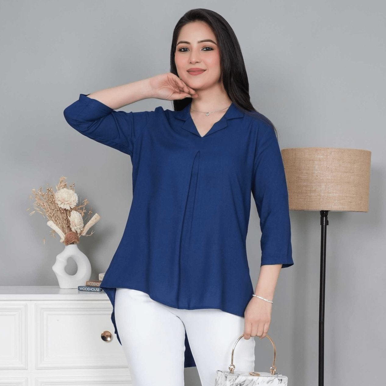 Indigo blue rayon collar top [ Premium 100% Rayon, Liva Certified ] - Rayon collar top