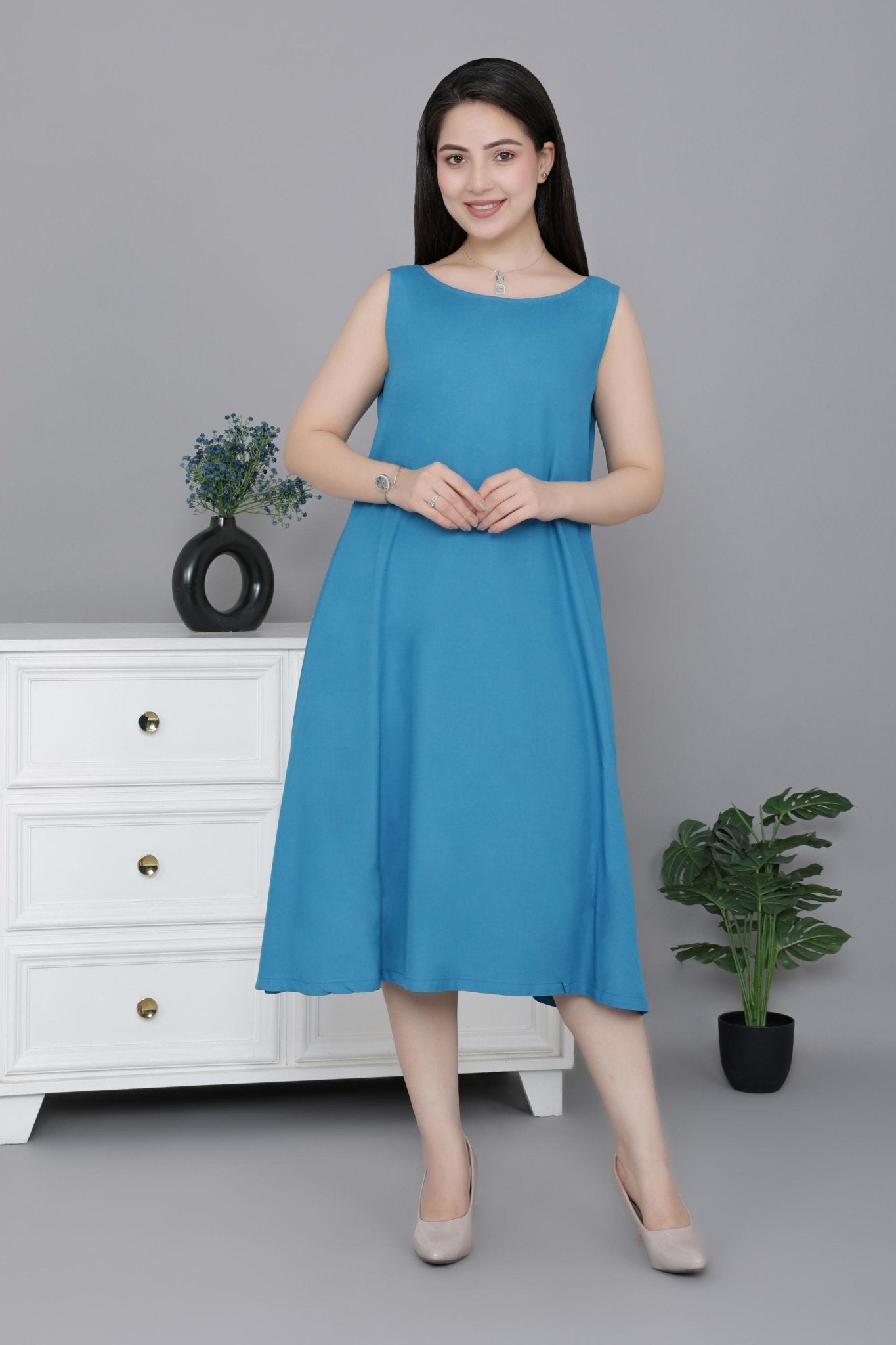 Indigo blue rayon flare dress with pocket [ Premium 100% Rayon, Liva Certified ] -Rayon flare dress with pocket