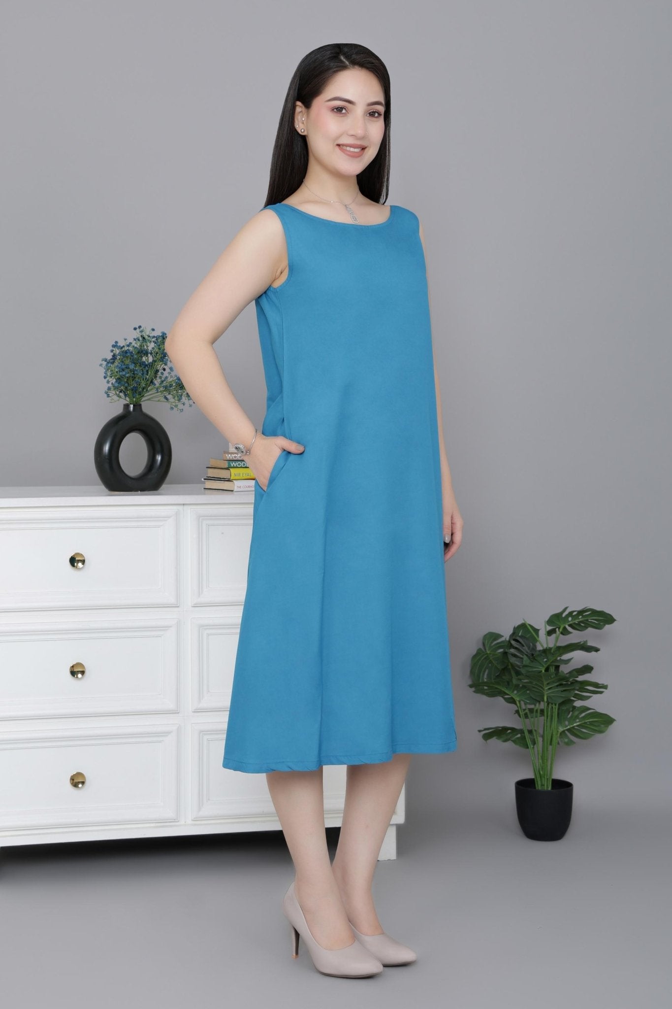 Indigo blue rayon flare dress with pocket [ Premium 100% Rayon, Liva Certified ] -Rayon flare dress with pocket