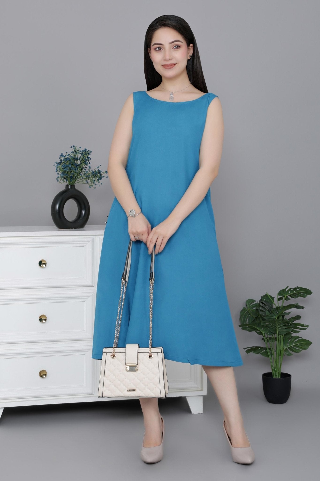 Indigo blue rayon flare dress with pocket [ Premium 100% Rayon, Liva Certified ] -Rayon flare dress with pocket