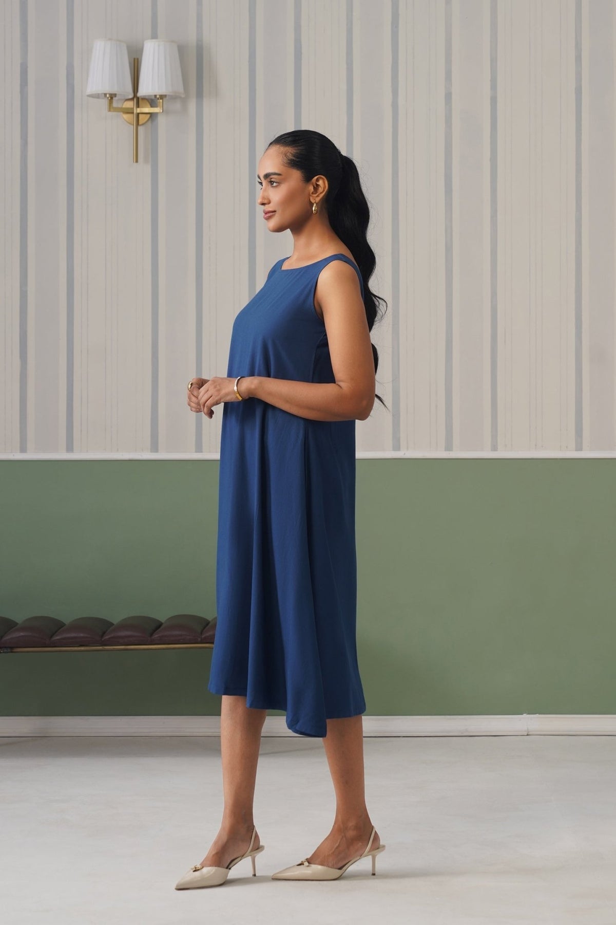 Indigo blue rayon flare dress with pocket [ Premium 100% Rayon, Liva Certified ] -Rayon flare dress with pocket