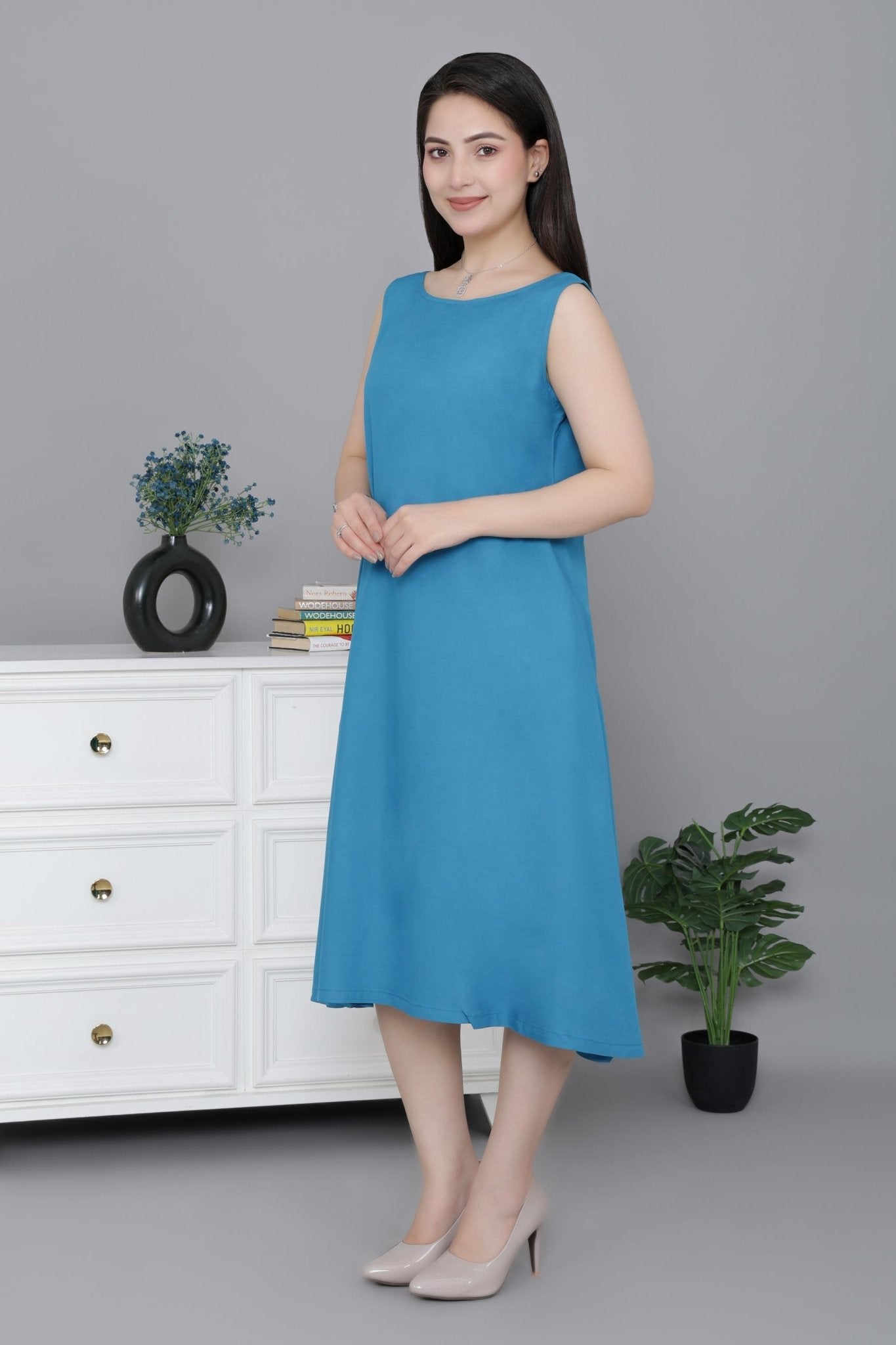 Indigo blue rayon flare dress with pocket [ Premium 100% Rayon, Liva Certified ] -Rayon flare dress with pocket