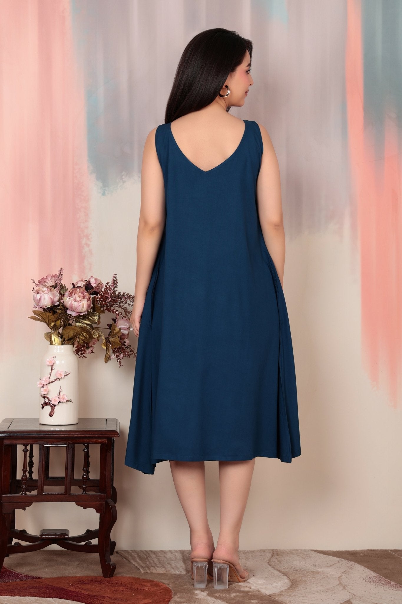 Indigo blue rayon flare dress with pocket [ Premium 100% Rayon, Liva Certified ] -Rayon flare dress with pocket
