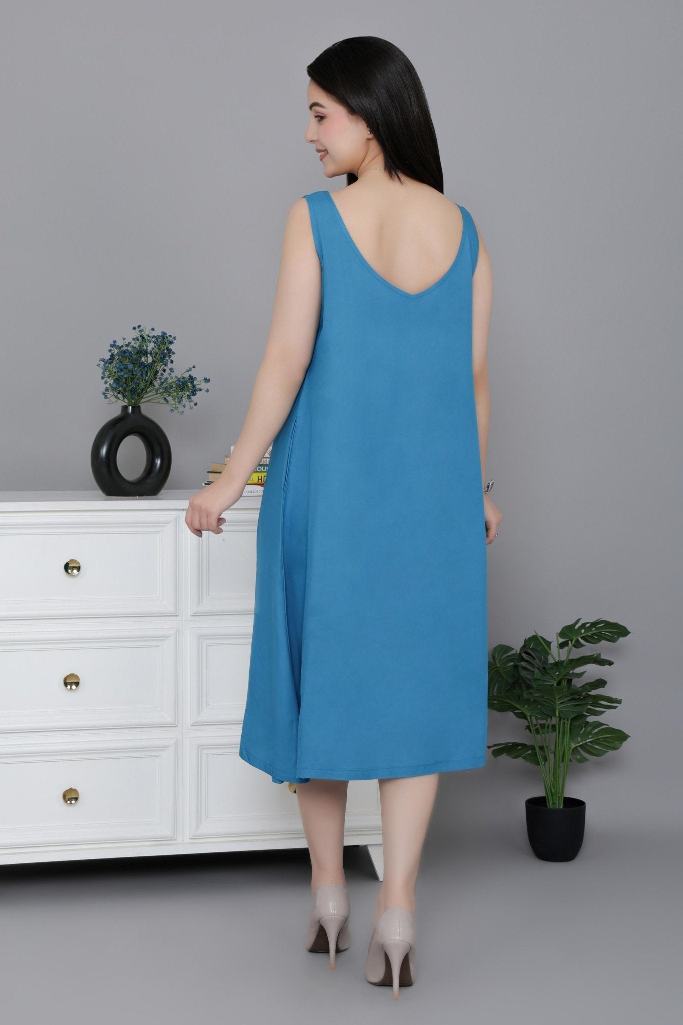 Indigo blue rayon flare dress with pocket [ Premium 100% Rayon, Liva Certified ] -Rayon flare dress with pocket