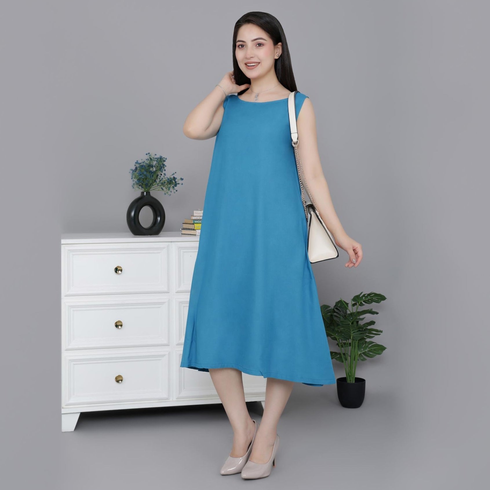 Indigo blue rayon flare dress with pocket [ Premium 100% Rayon, Liva Certified ] -Rayon flare dress with pocket