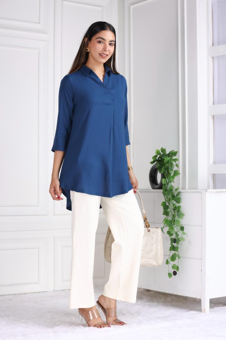 Indigo blue rayon flare top [ 100% Rayon, Liva Certified ] - Rayon flare top