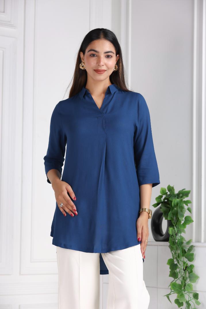 Indigo blue rayon flare top [ 100% Rayon, Liva Certified ] - Rayon flare top
