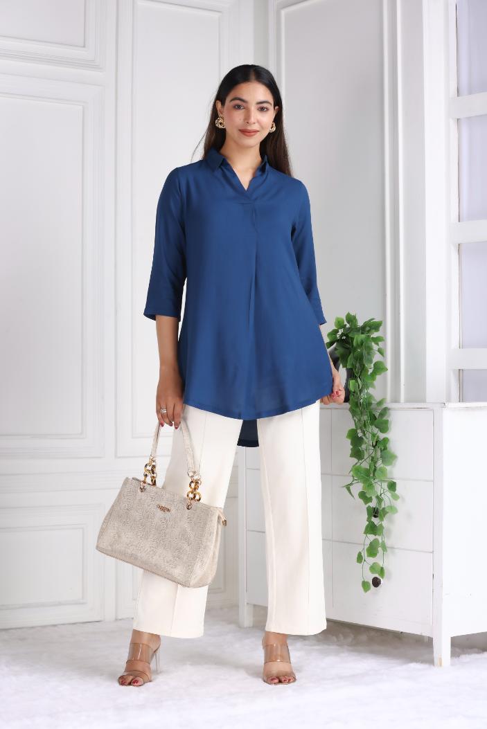 Indigo blue rayon flare top [ 100% Rayon, Liva Certified ] - Rayon flare top