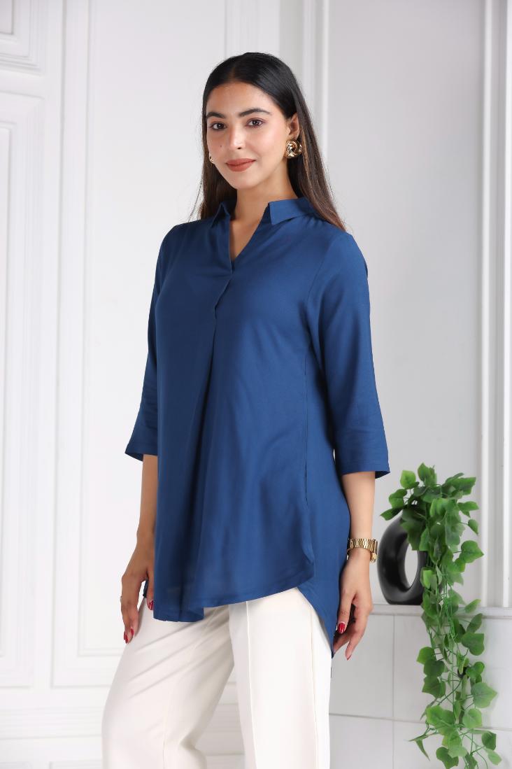 Indigo blue rayon flare top [ 100% Rayon, Liva Certified ] - Rayon flare top