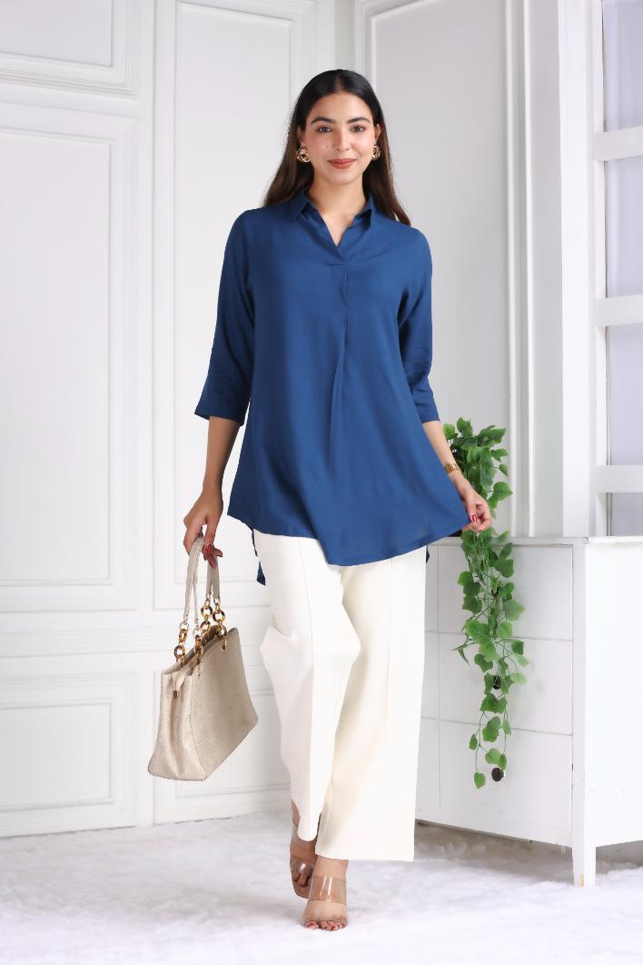 Indigo blue rayon flare top [ 100% Rayon, Liva Certified ] - Rayon flare top