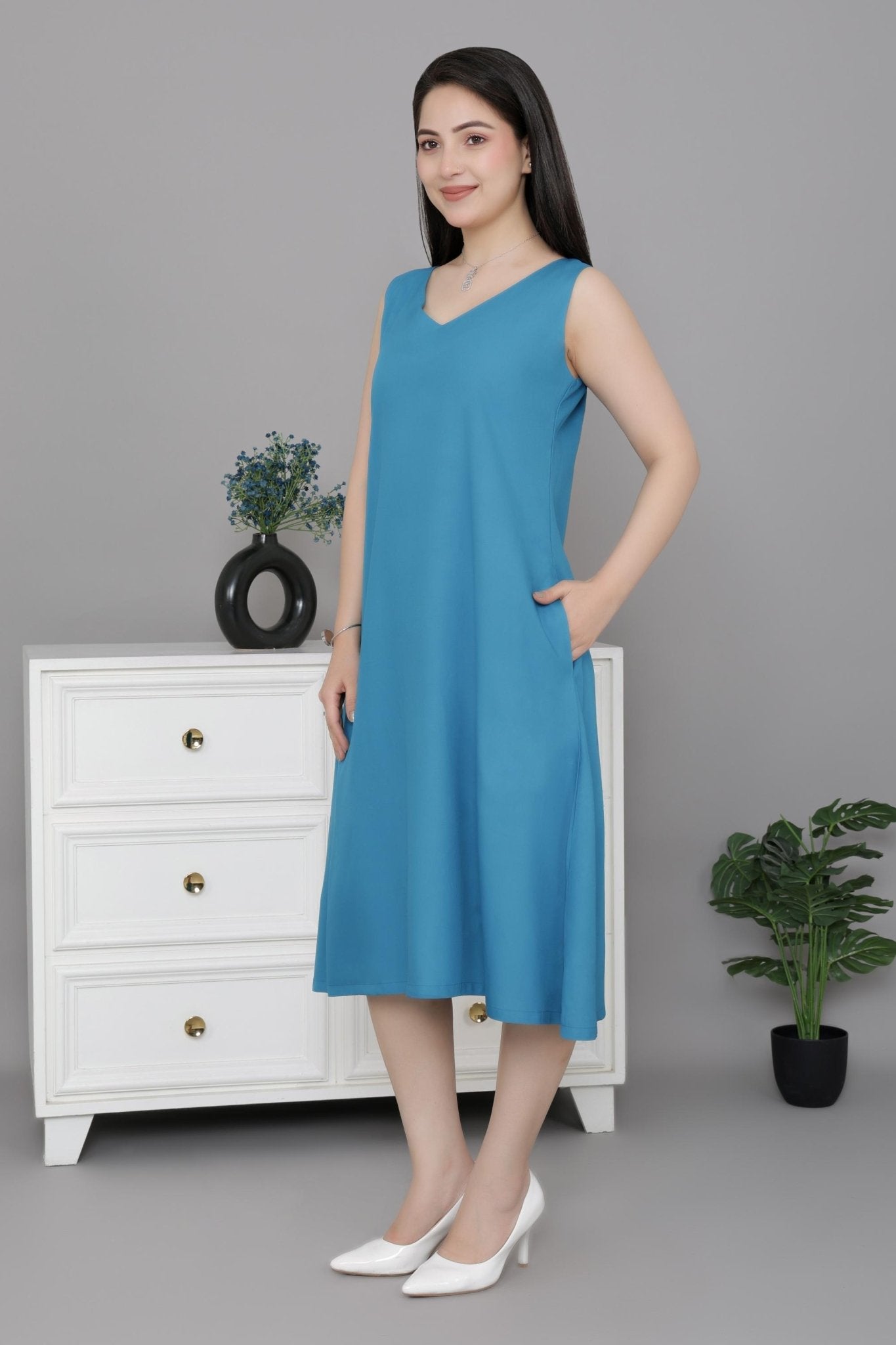 Indigo blue rayon line dress with pocket [ Premium 100% Rayon, Liva Certified ] -Rayon line dress with pocket