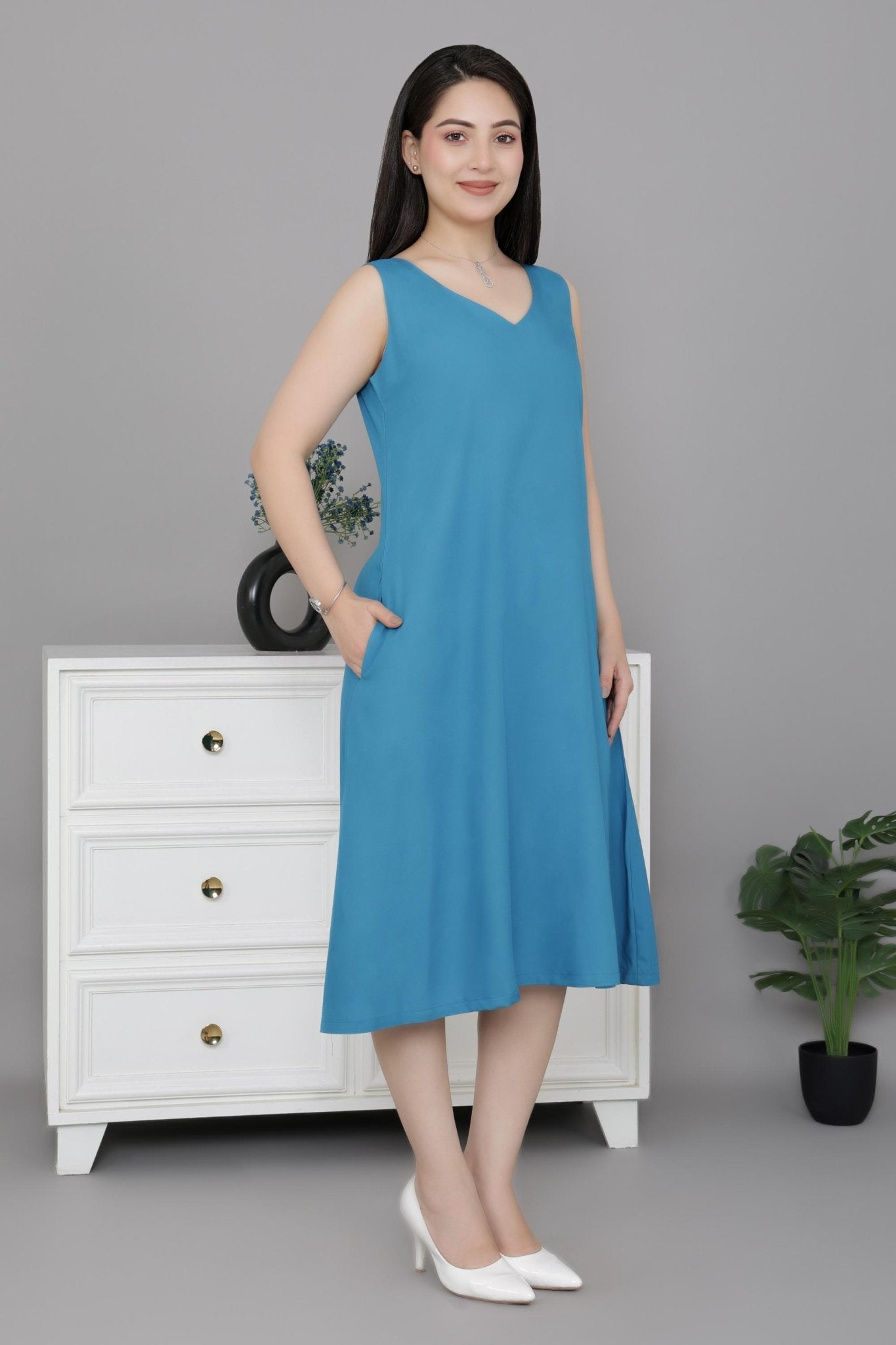 Indigo blue rayon line dress with pocket [ Premium 100% Rayon, Liva Certified ] -Rayon line dress with pocket