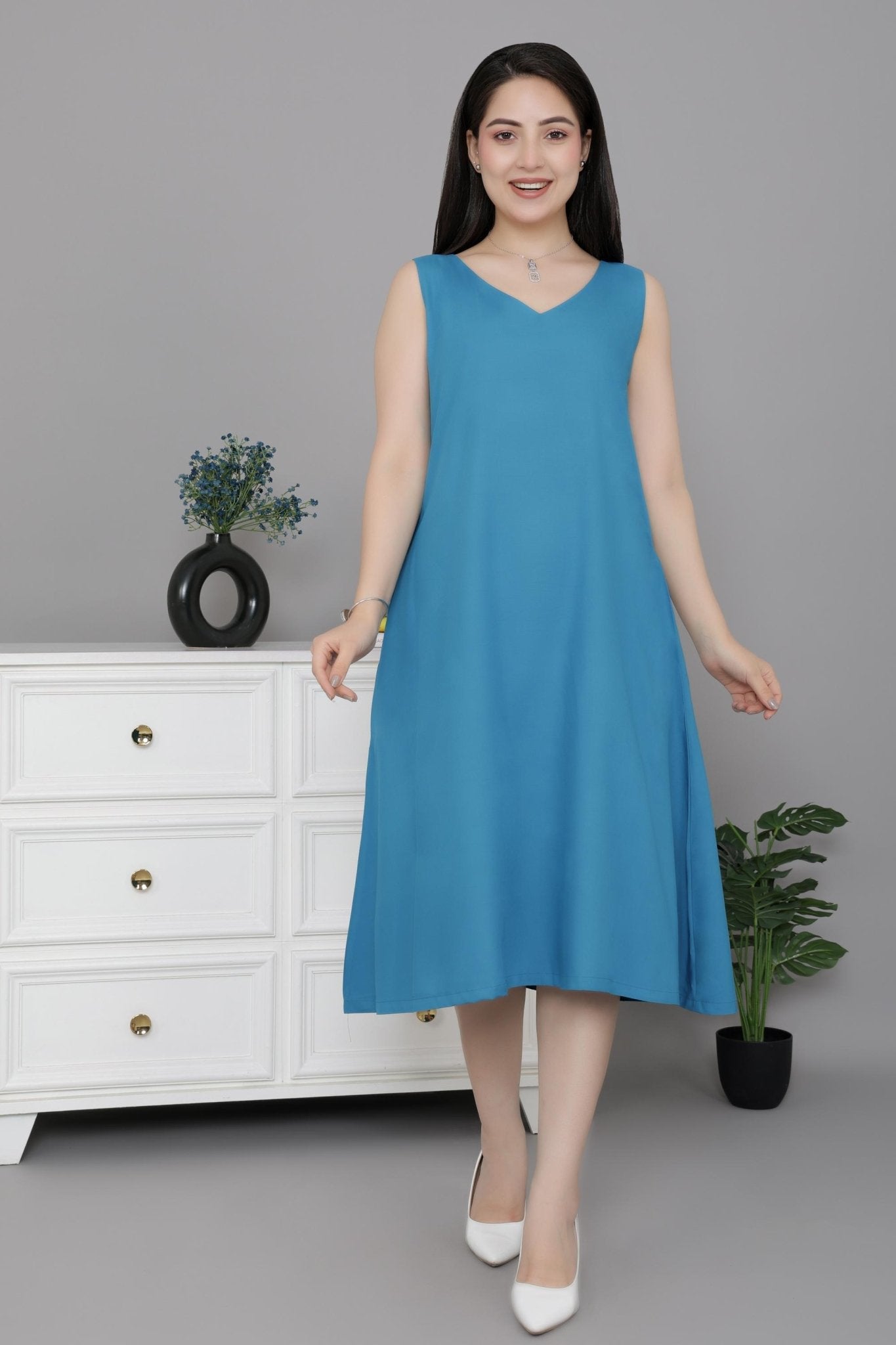 Indigo blue rayon line dress with pocket [ Premium 100% Rayon, Liva Certified ] -Rayon line dress with pocket