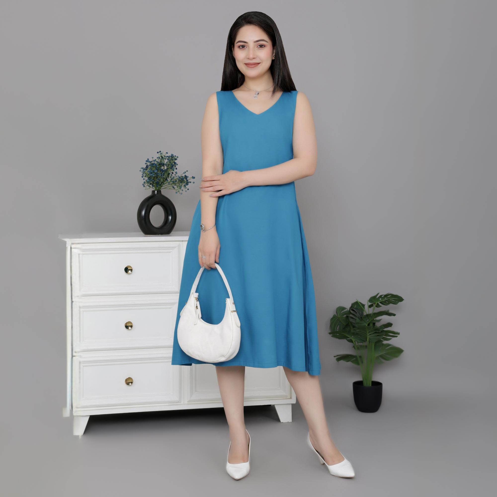 Indigo blue rayon line dress with pocket [ Premium 100% Rayon, Liva Certified ] -Rayon line dress with pocket