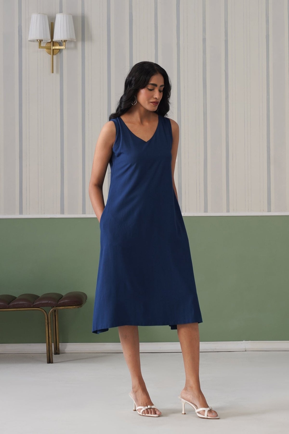 Indigo blue rayon line dress with pocket [ Premium 100% Rayon, Liva Certified ] -Rayon line dress with pocket