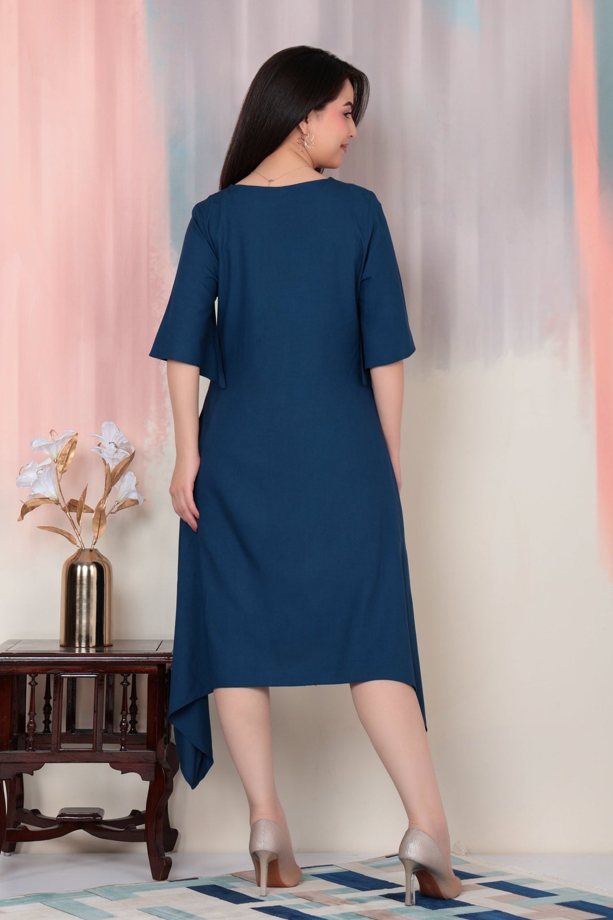 Indigo blue v-neck midi dress [ Premium 100% Rayon, Liva Certified ] -Rayon flare dress with pocket
