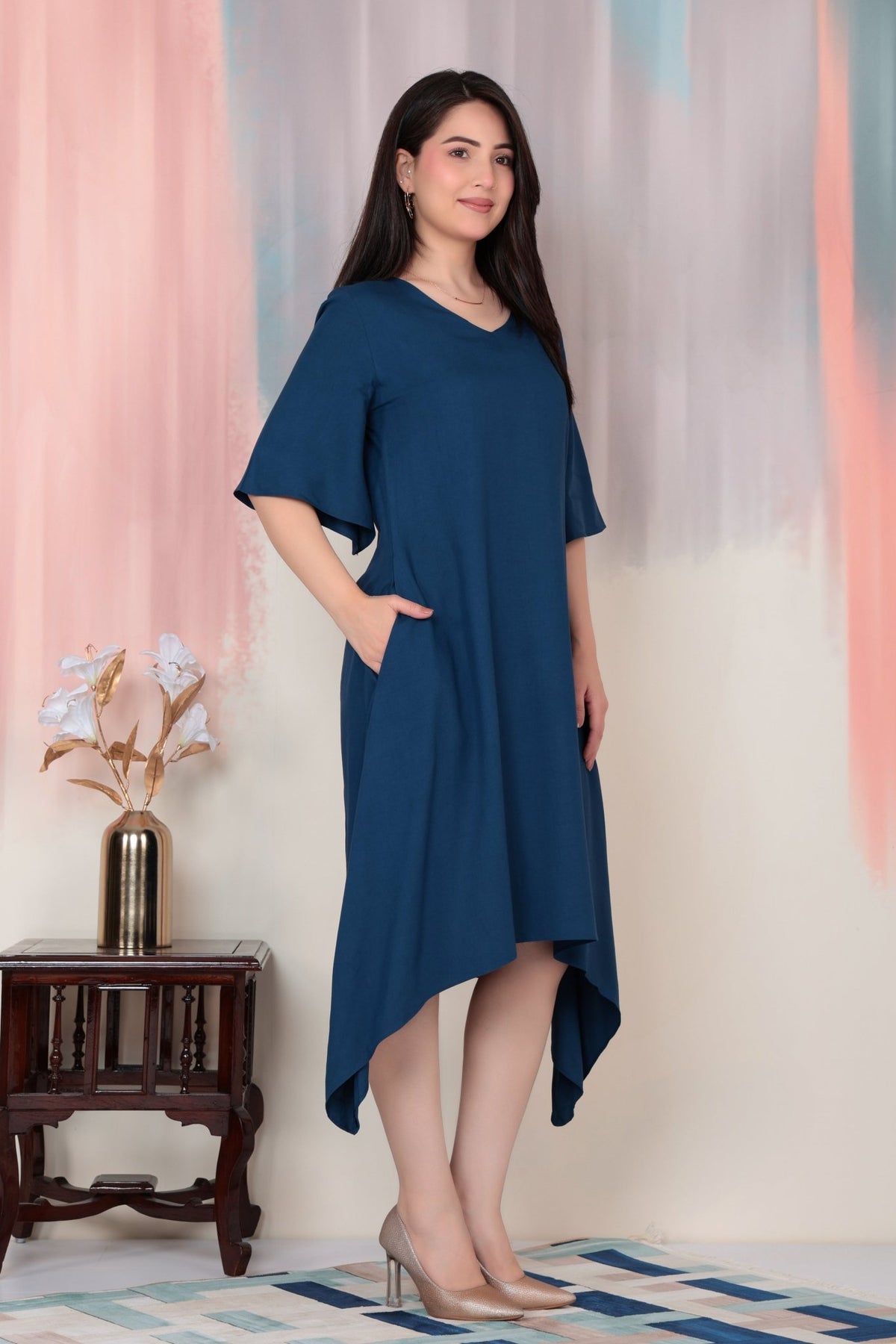 Indigo blue v-neck midi dress [ Premium 100% Rayon, Liva Certified ] -Rayon flare dress with pocket