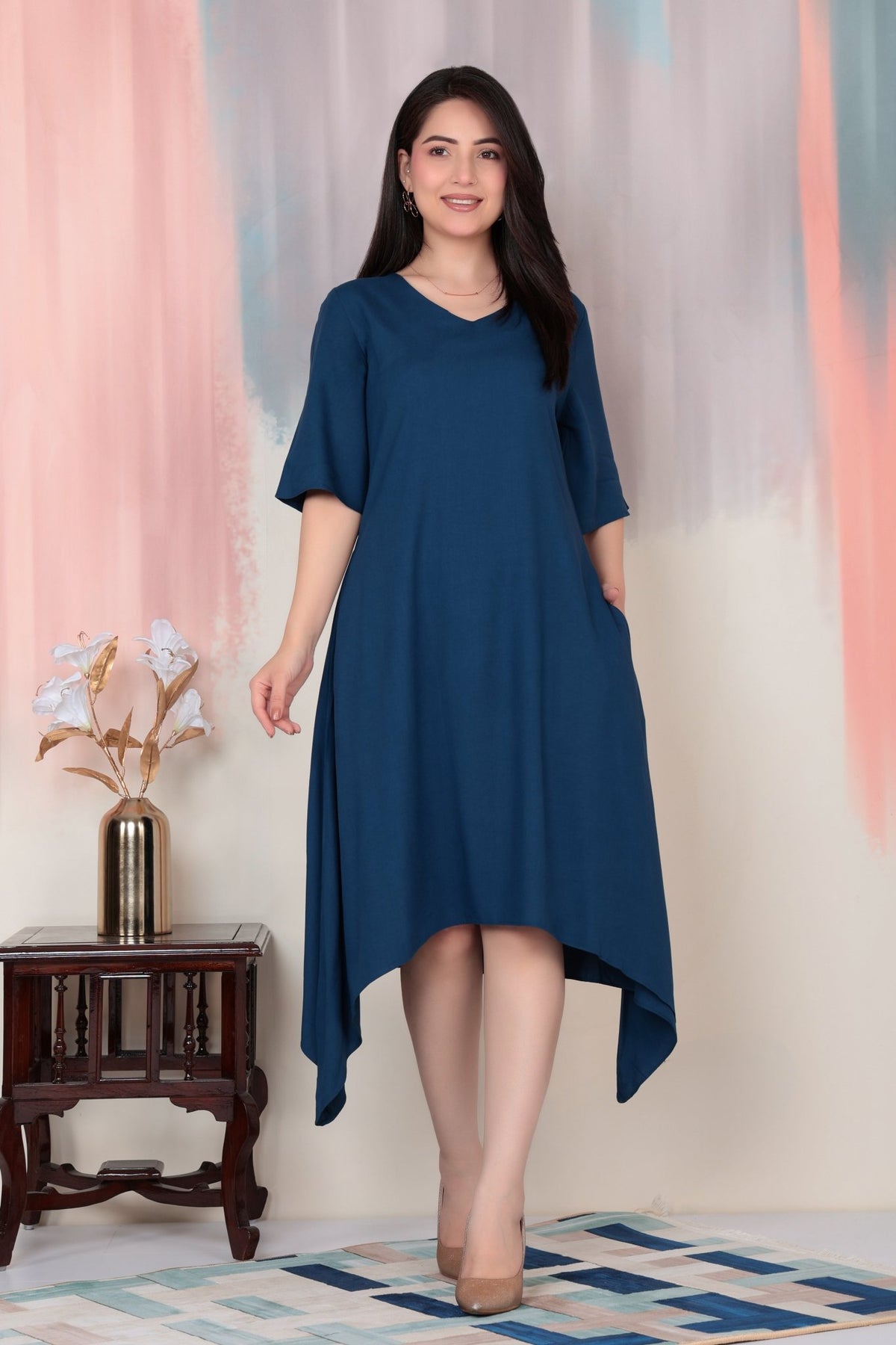 Indigo blue v-neck midi dress [ Premium 100% Rayon, Liva Certified ] -Rayon flare dress with pocket