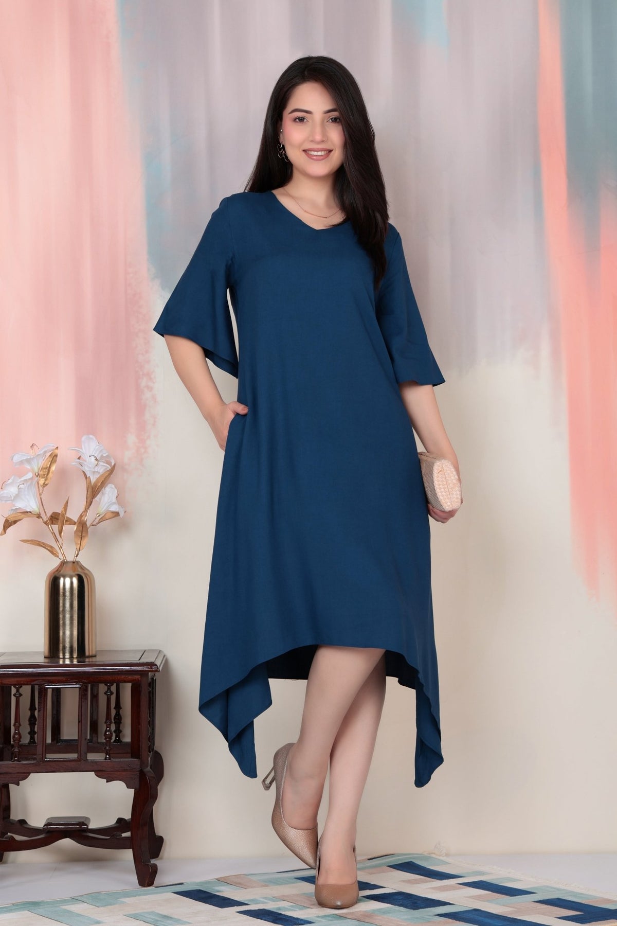 Indigo blue v-neck midi dress [ Premium 100% Rayon, Liva Certified ] -Rayon flare dress with pocket