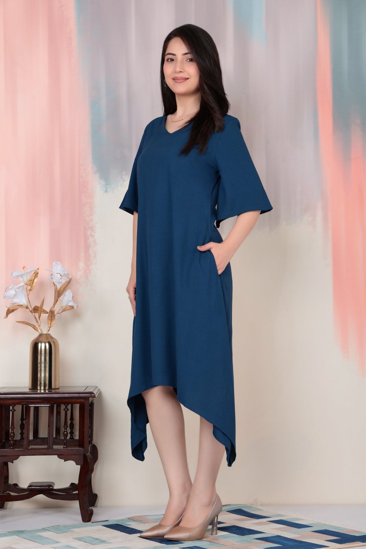 Indigo blue v-neck midi dress [ Premium 100% Rayon, Liva Certified ] -Rayon flare dress with pocket
