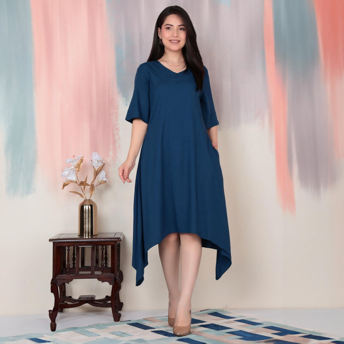 Indigo blue v-neck midi dress [ Premium 100% Rayon, Liva Certified ] -Rayon flare dress with pocket