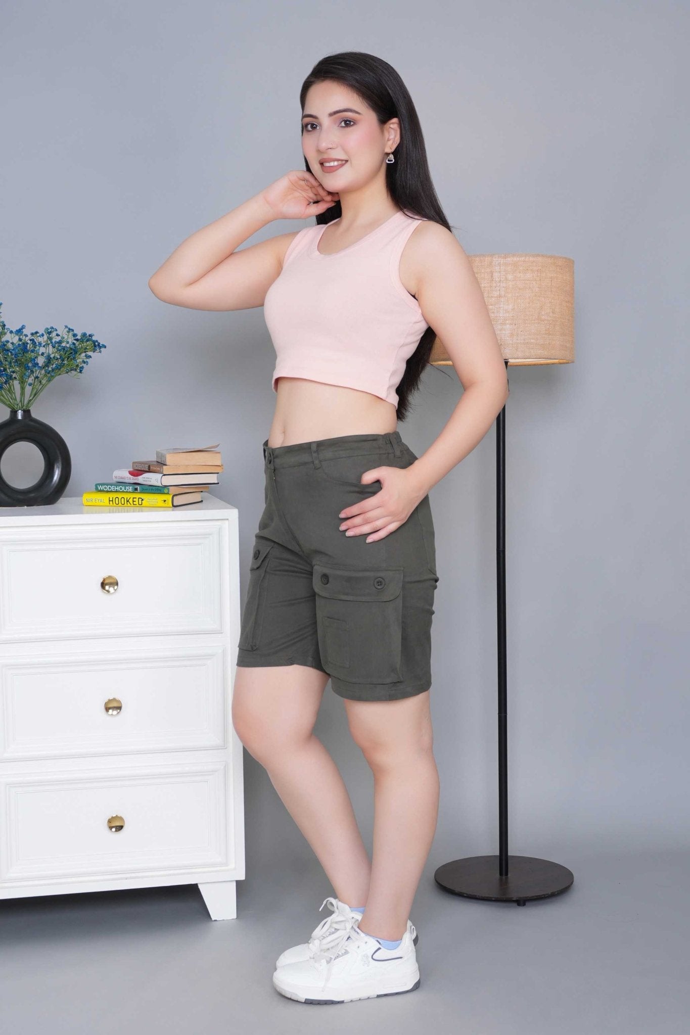 Khakhi green stretchable biowash USA HQ cotton travel shorts with superior elastic belt. - Travel shorts