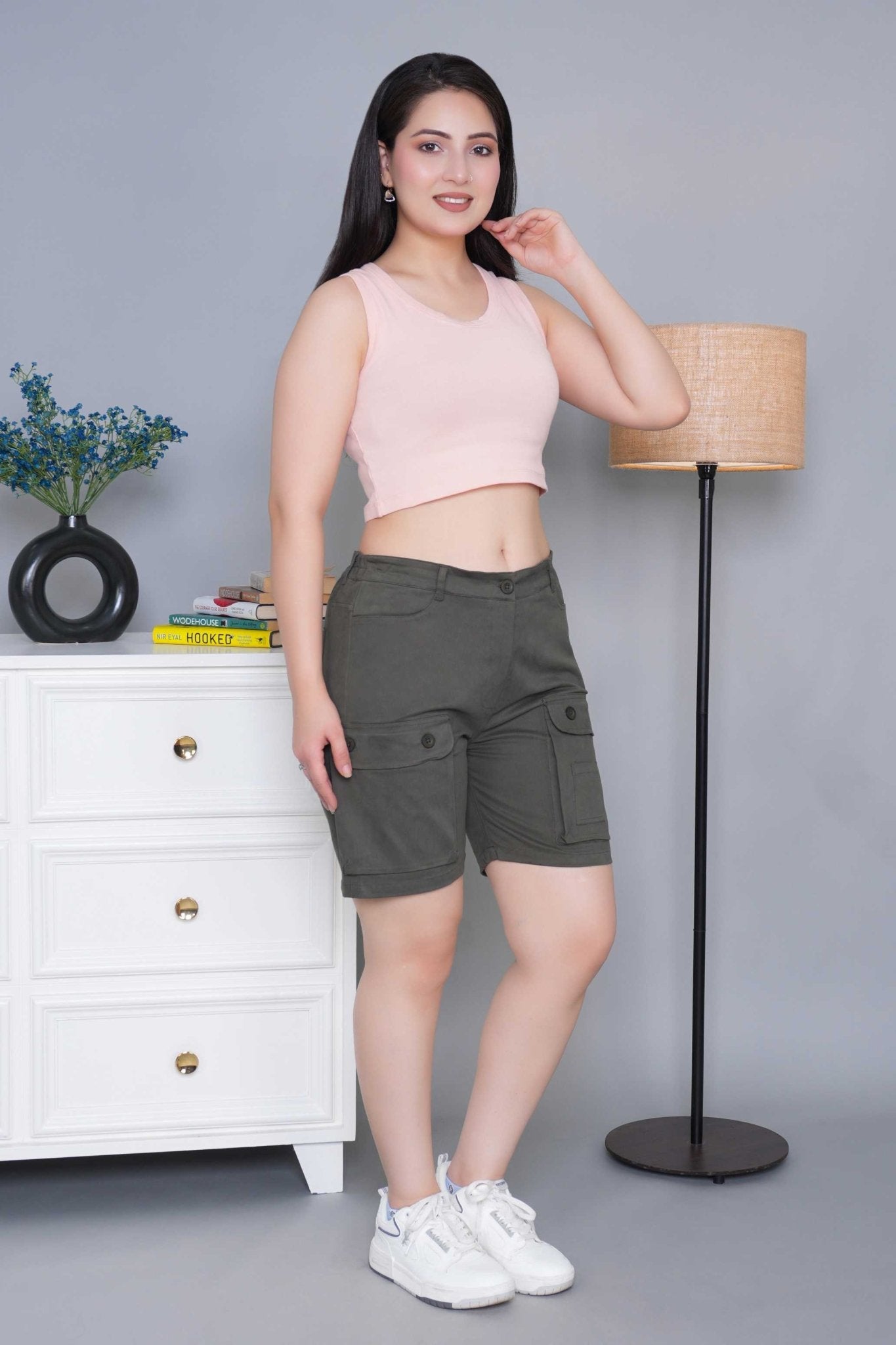 Khakhi green stretchable biowash USA HQ cotton travel shorts with superior elastic belt. - Travel shorts