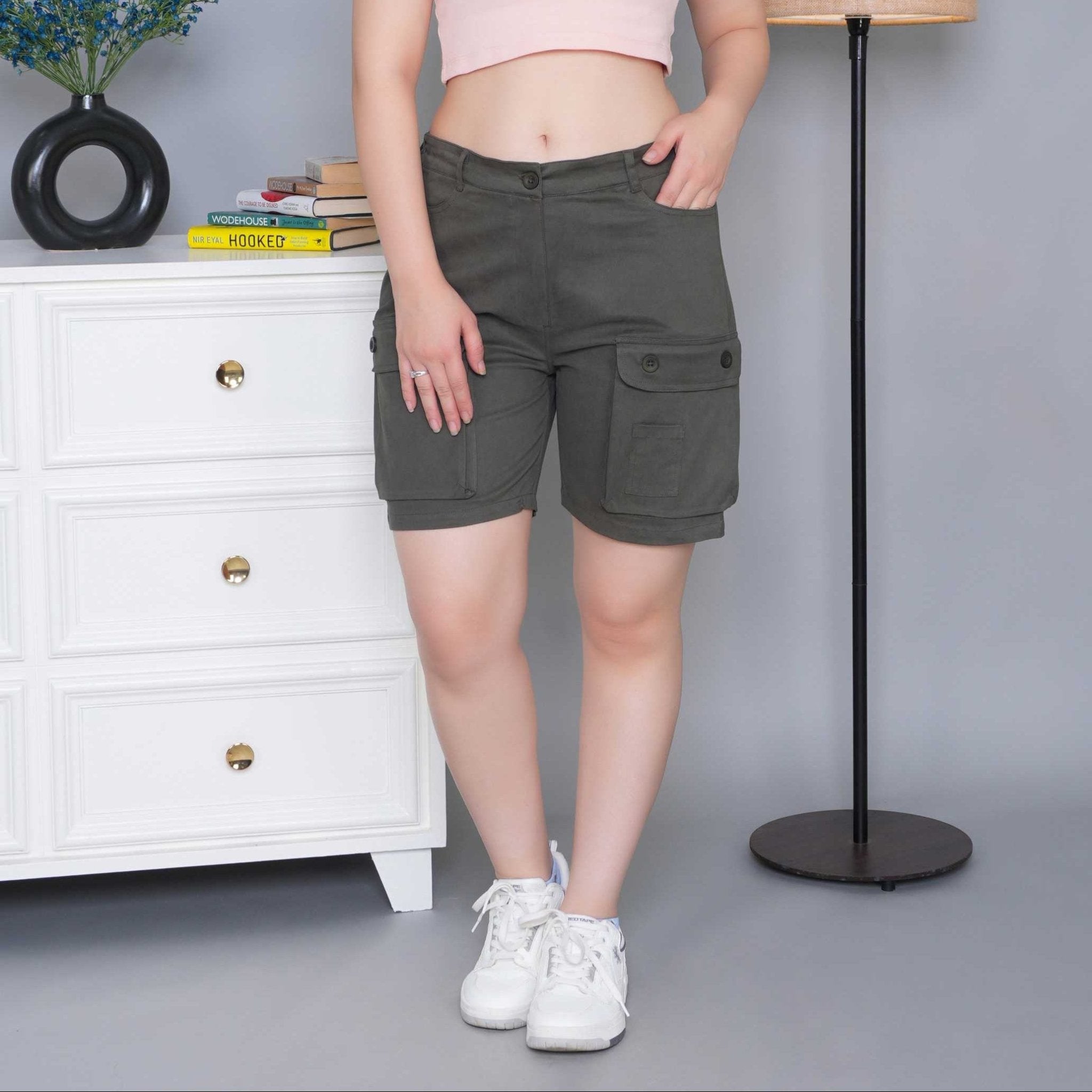 Khakhi green stretchable biowash USA HQ cotton travel shorts with superior elastic belt. - Travel shorts