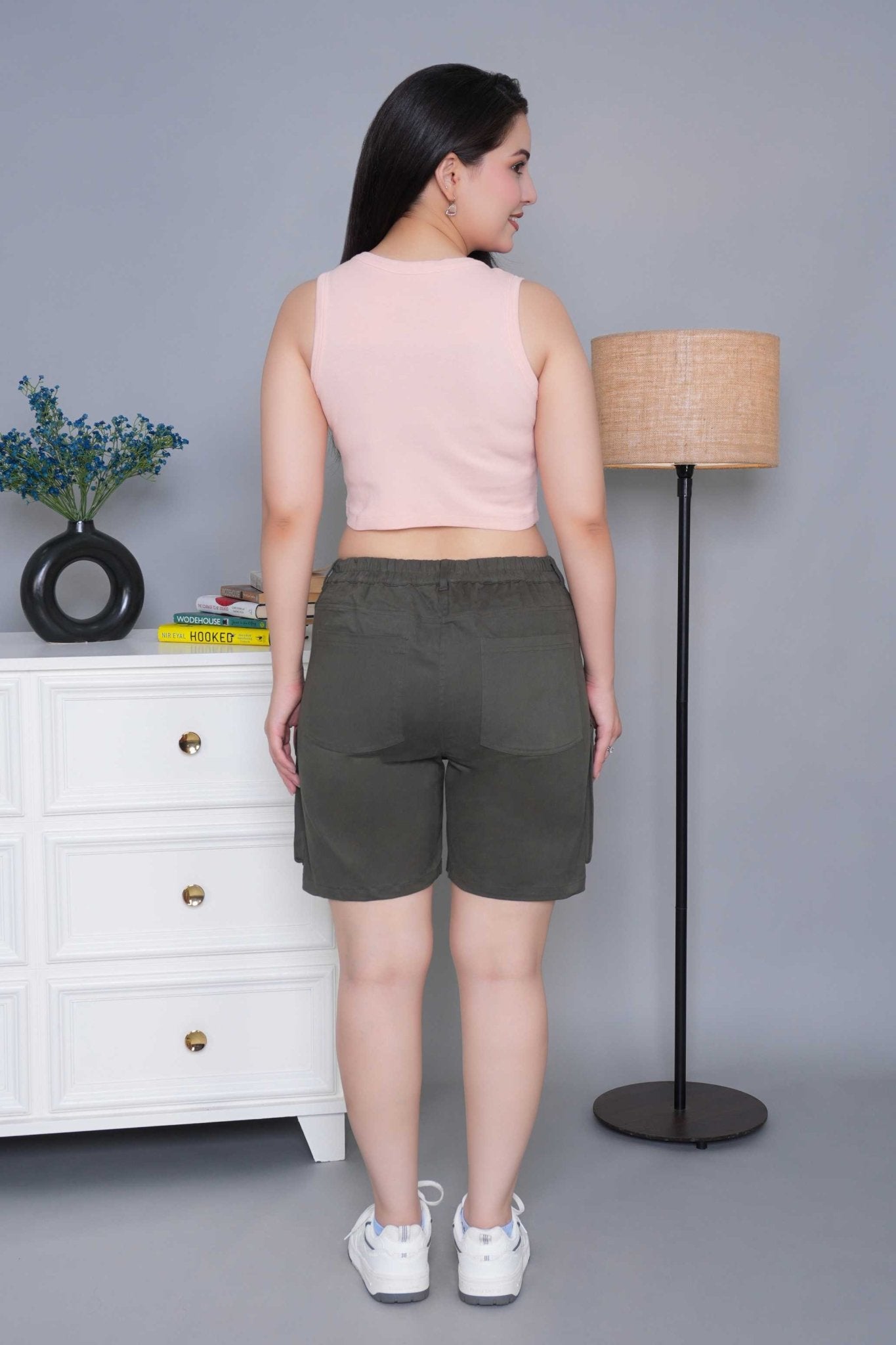 Khakhi green stretchable biowash USA HQ cotton travel shorts with superior elastic belt. - Travel shorts