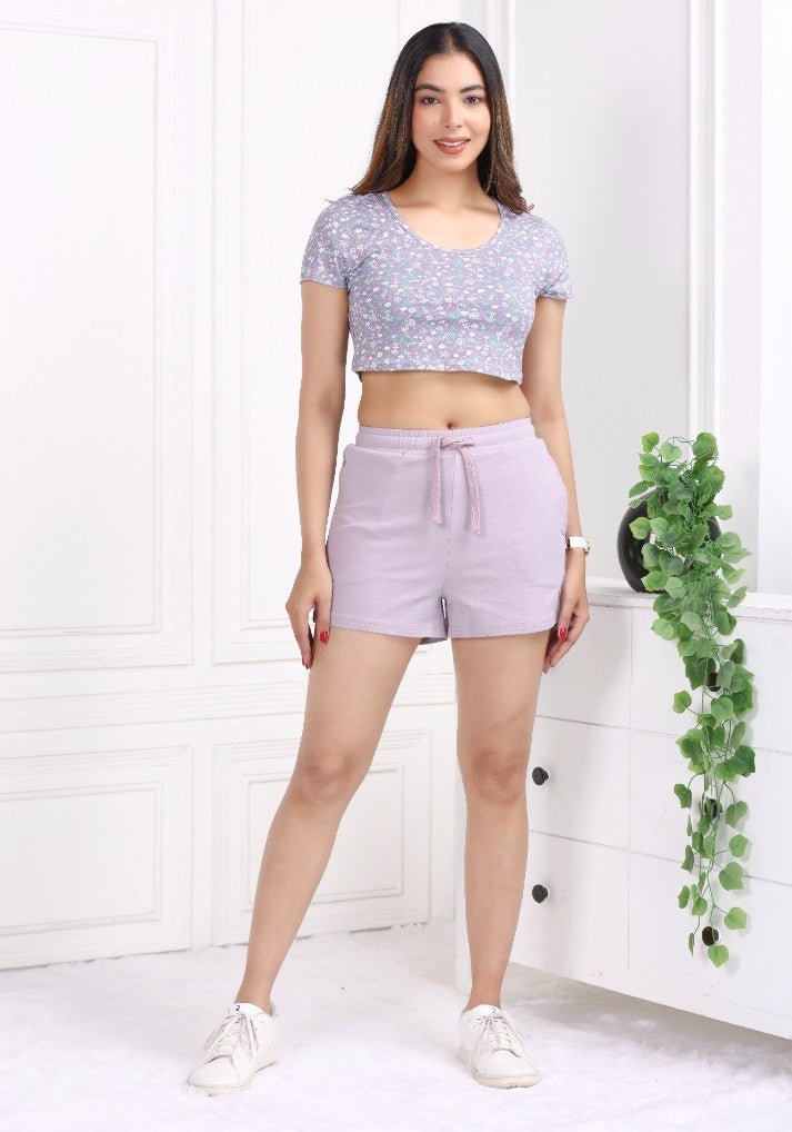 Lavender all day two pocket cotton lycra shorts made with USA HQ cotton with zip. - Zip pocket cotton short