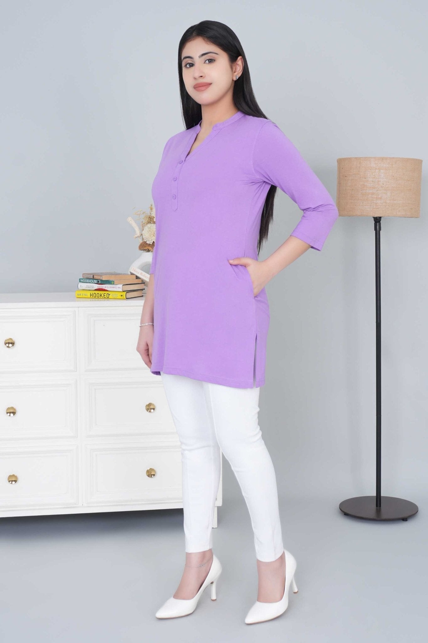 Lavender cotton kurti tshirt with pockets - Kurti tshirt
