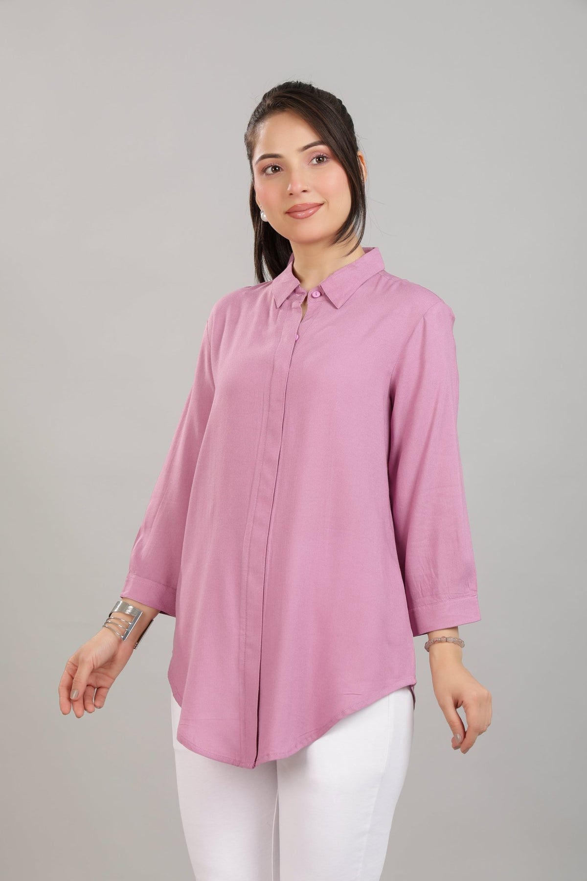 Lavender long hemline shirt [ 100% Rayon, Liva Certified ] -Long hemline shirt