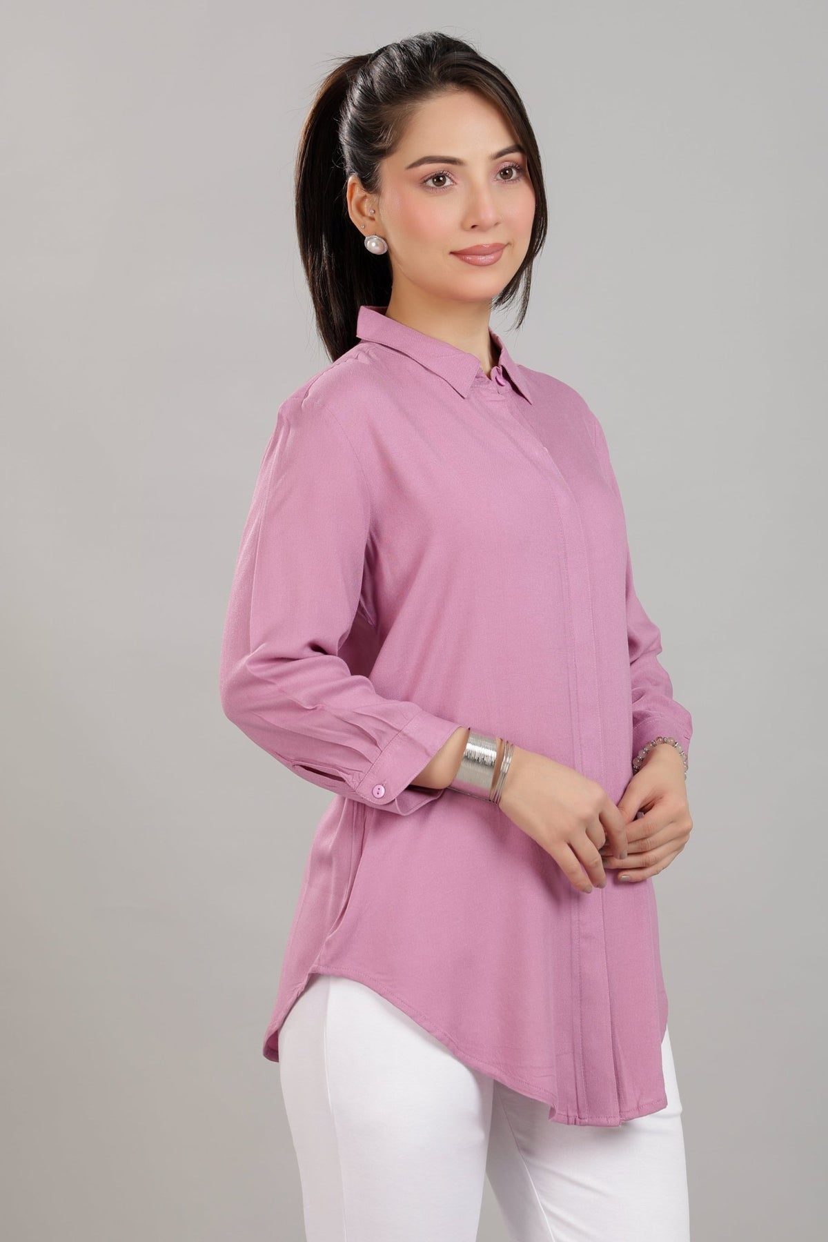 Lavender long hemline shirt [ 100% Rayon, Liva Certified ] -Long hemline shirt