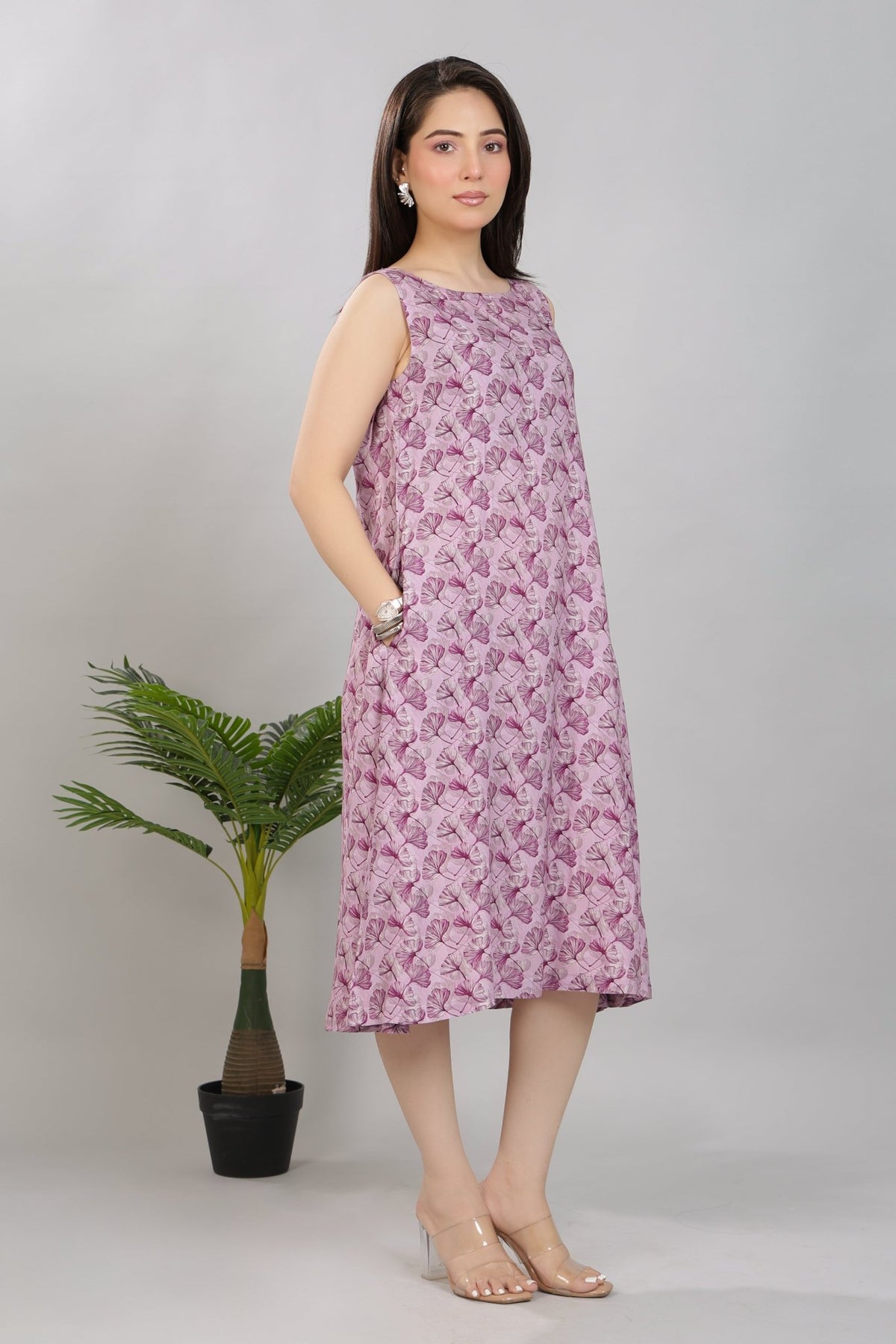 Lavender rayon Printed Flare Dress [100% pure rayon] -Cotton midi dress