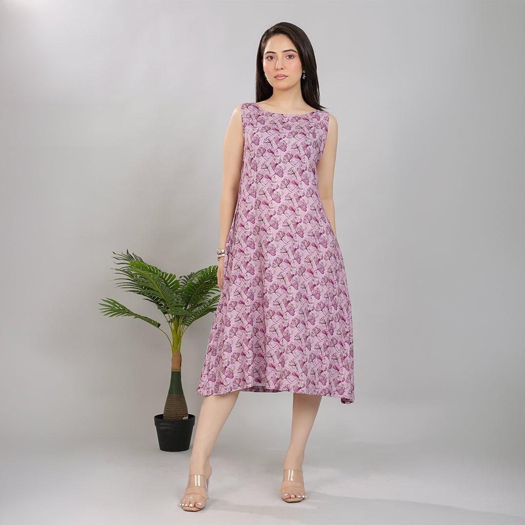 Lavender rayon Printed Flare Dress [100% pure rayon] -Cotton midi dress