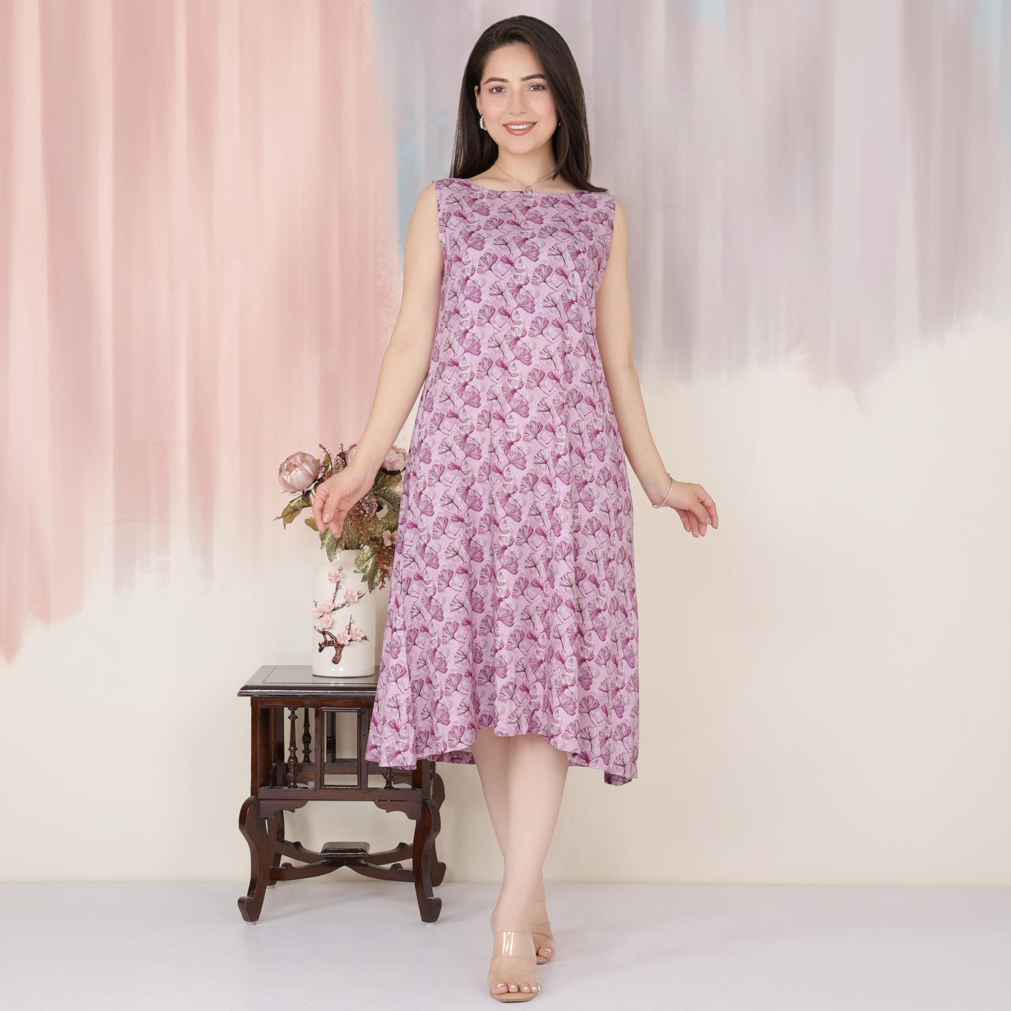 Lavender rayon Printed Flare Dress [100% pure rayon] -Cotton midi dress