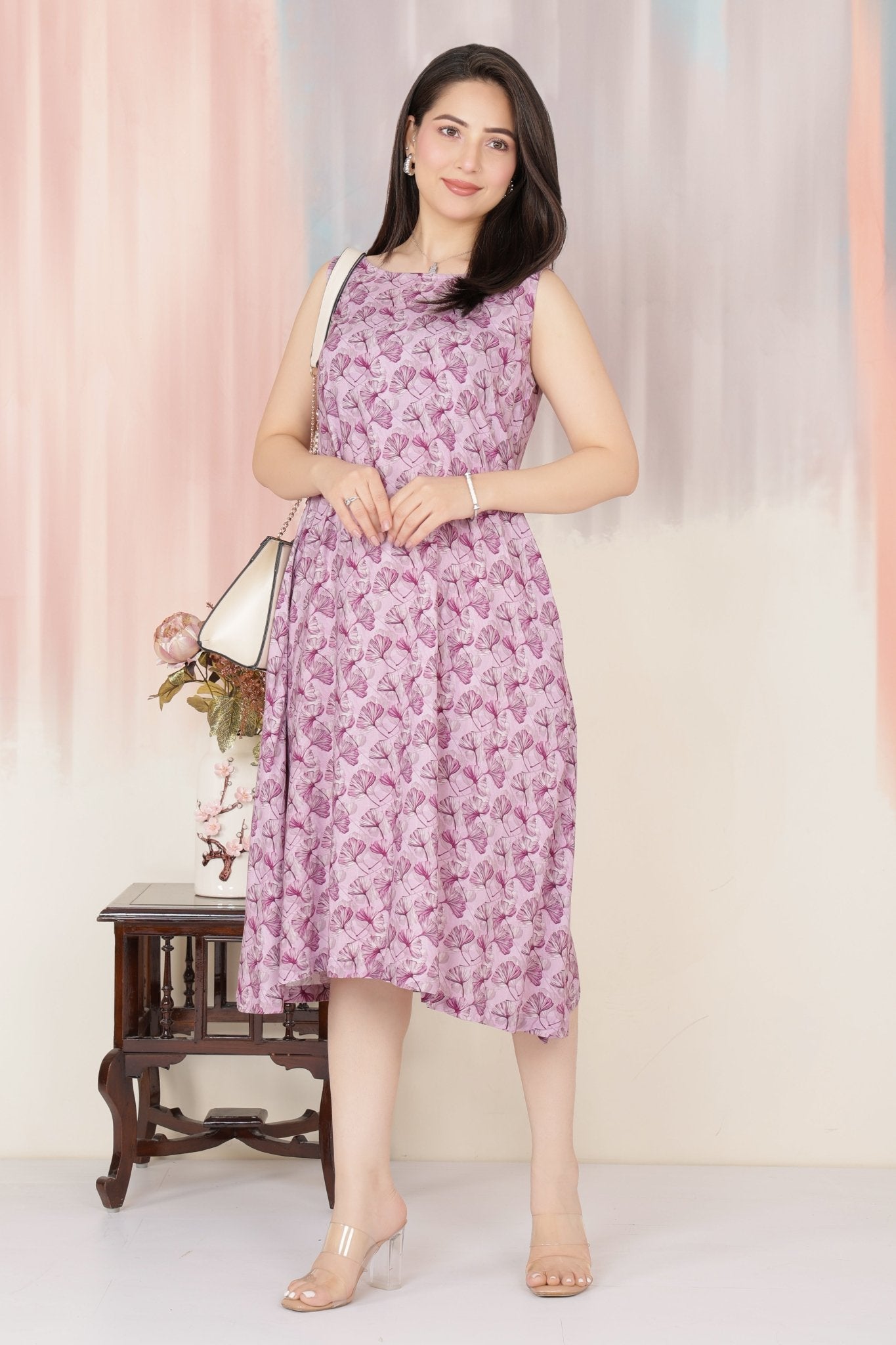 Lavender rayon Printed Flare Dress [100% pure rayon] -Cotton midi dress