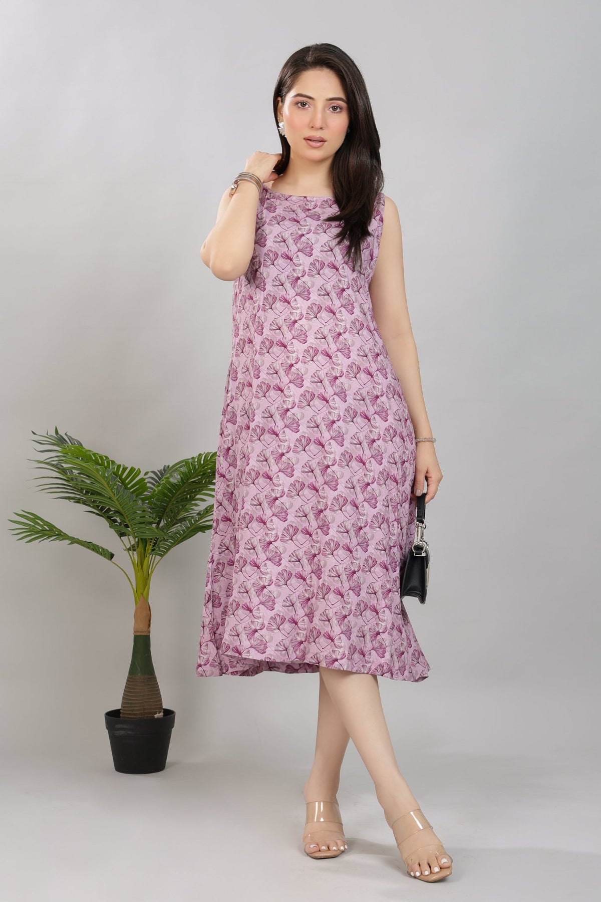 Lavender rayon Printed Flare Dress [100% pure rayon] -Cotton midi dress