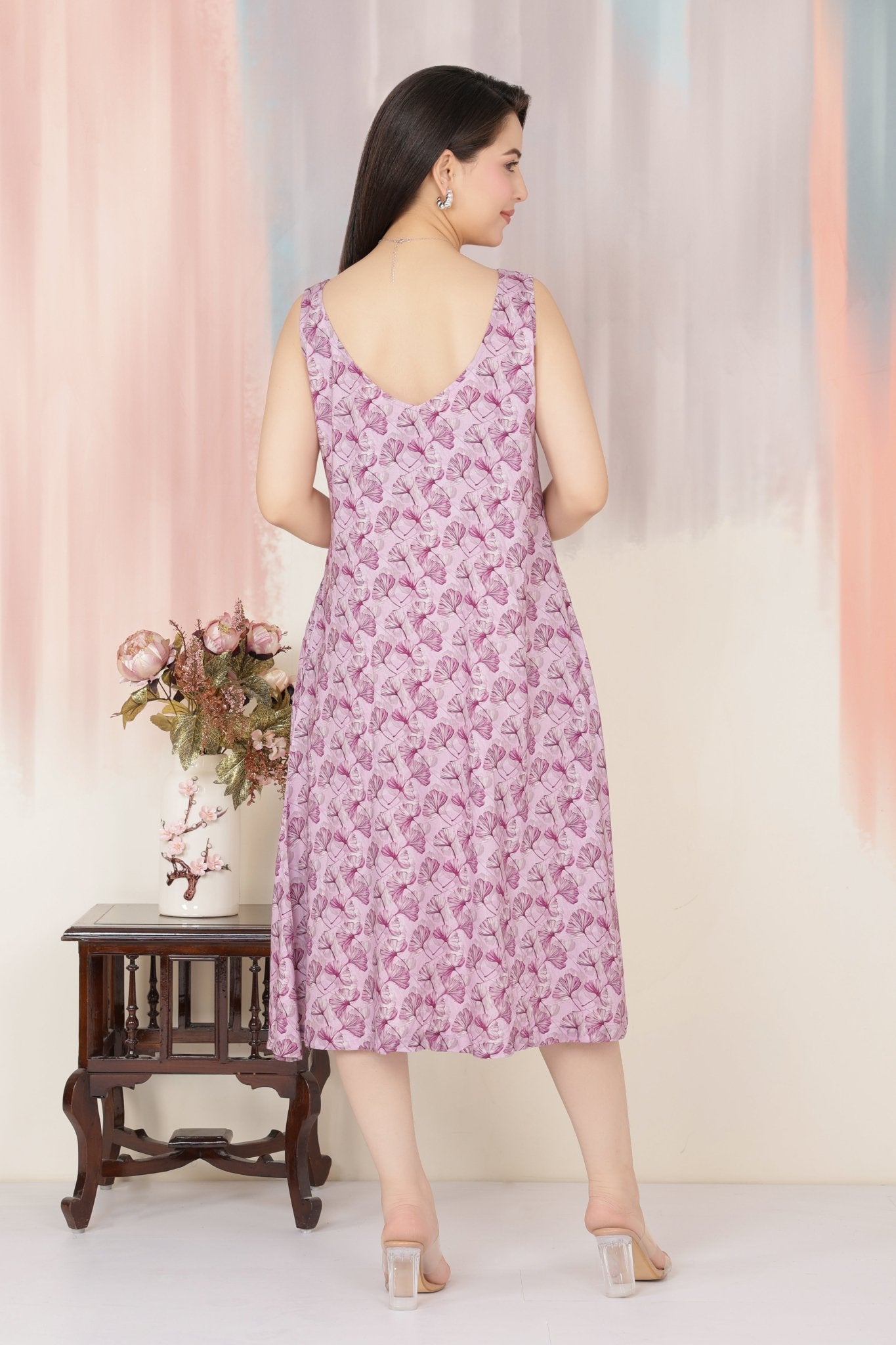 Lavender rayon Printed Flare Dress [100% pure rayon] -Cotton midi dress