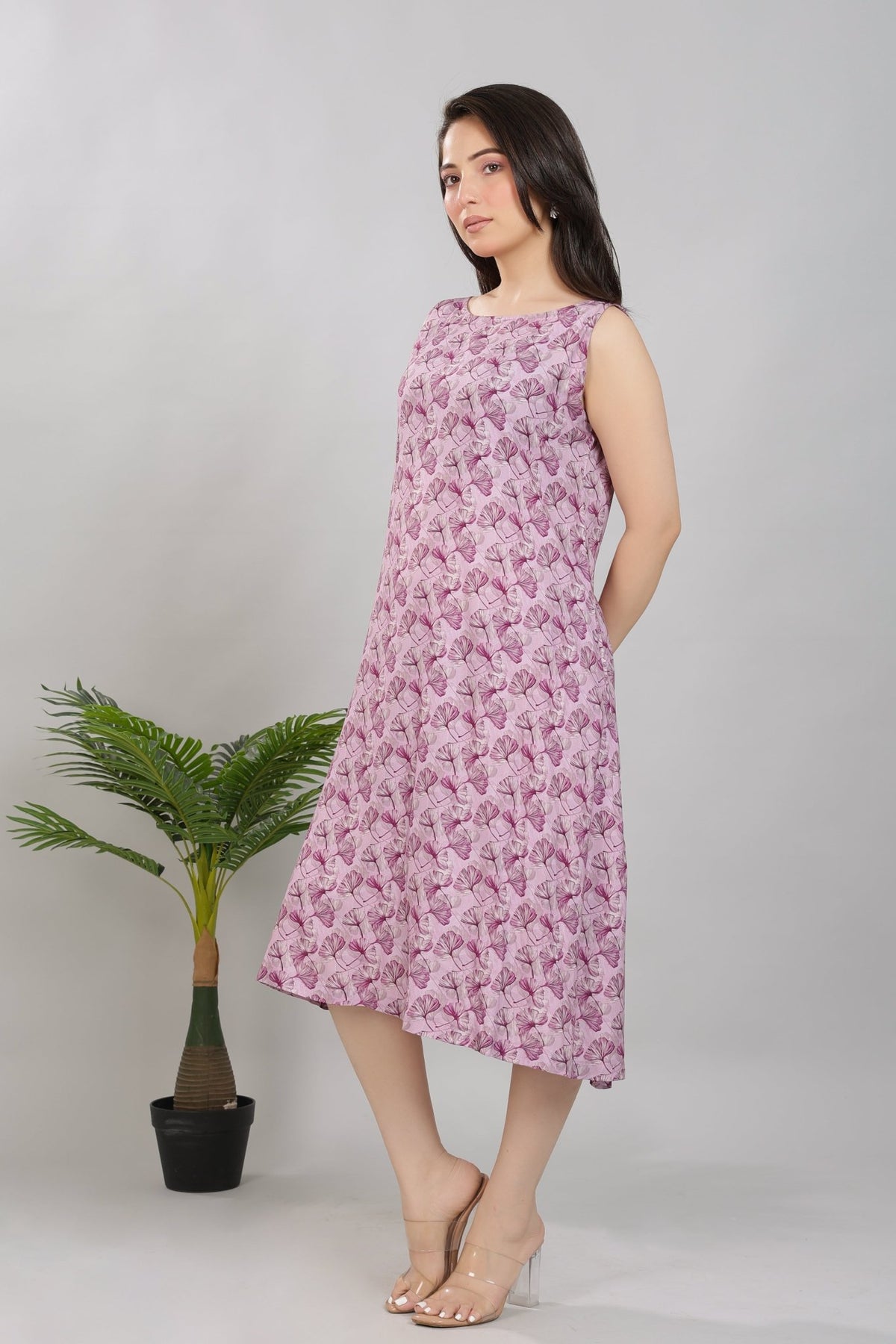 Lavender rayon Printed Flare Dress [100% pure rayon] -Cotton midi dress