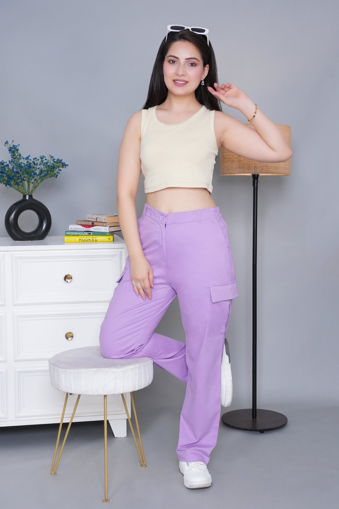 Lavender stretchable biowash USA HQ cotton travel cargo pant with superior elastic belt. - Travel Cargo Pants