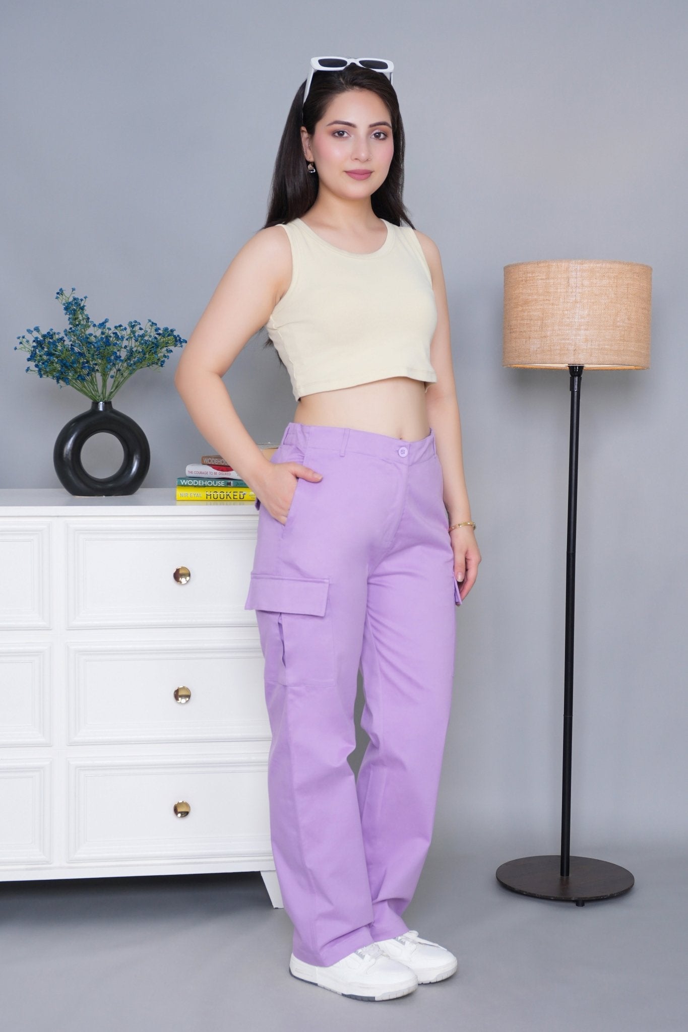 Lavender stretchable biowash USA HQ cotton travel cargo pant with superior elastic belt. - Travel Cargo Pants