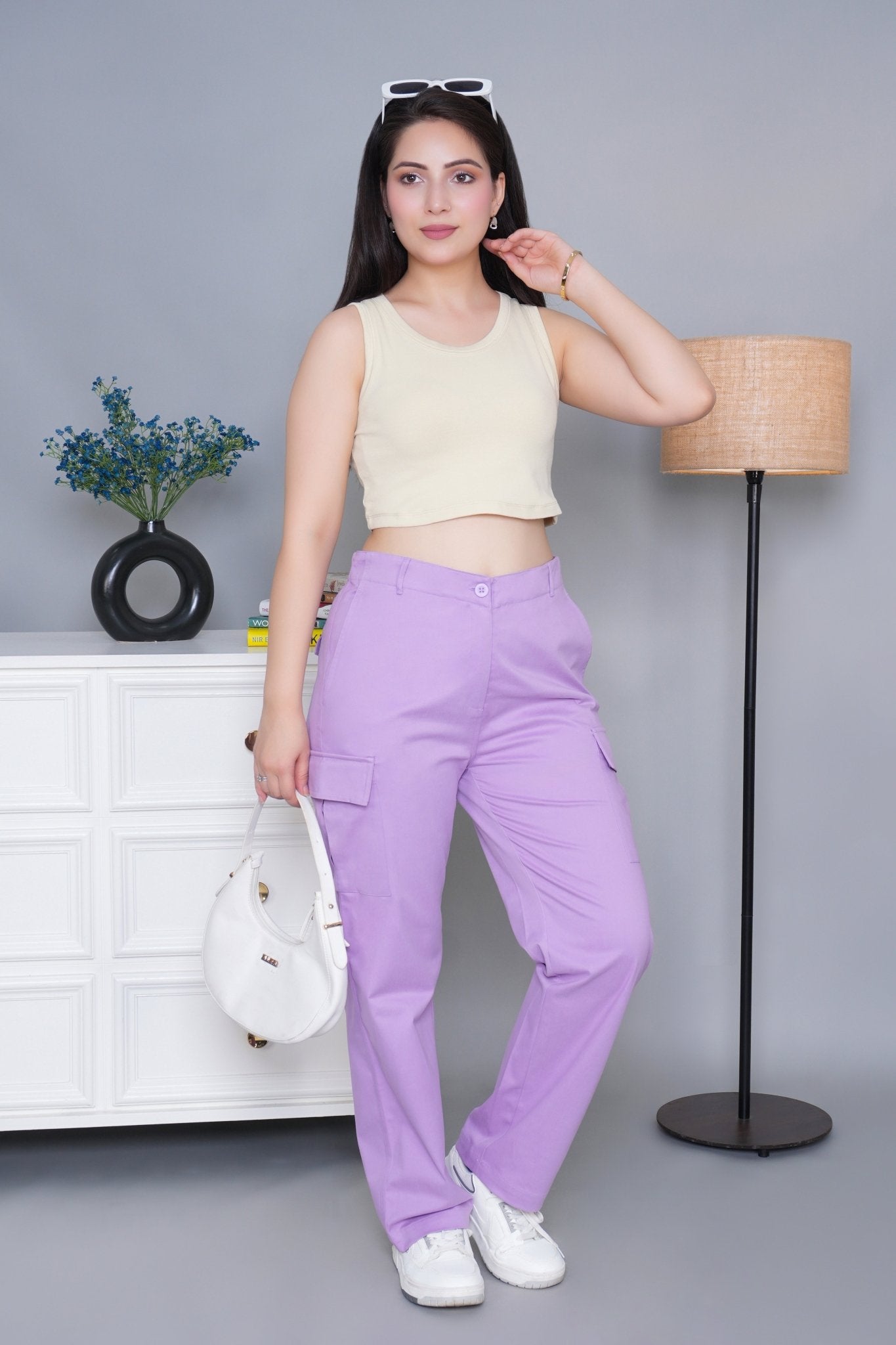 Lavender stretchable biowash USA HQ cotton travel cargo pant with superior elastic belt. - Travel Cargo Pants