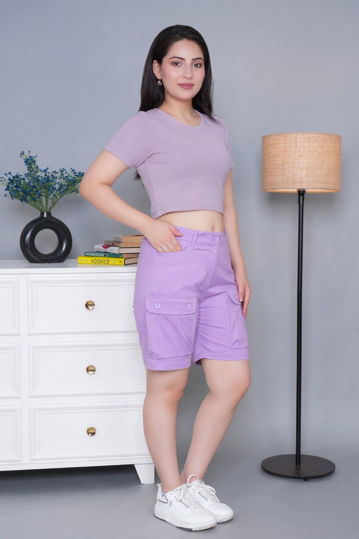 Lavender stretchable biowash USA HQ cotton travel shorts with superior elastic belt. - Travel shorts