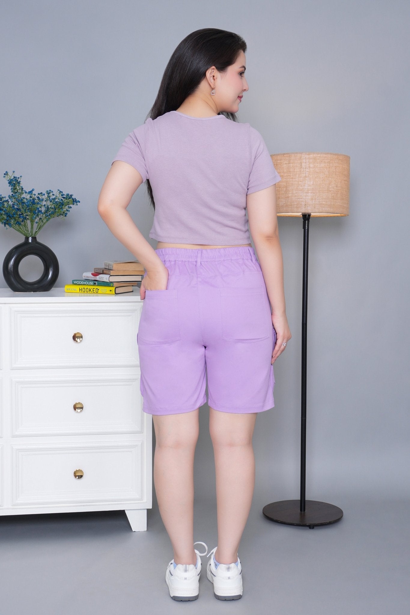 Lavender stretchable biowash USA HQ cotton travel shorts with superior elastic belt. - Travel shorts