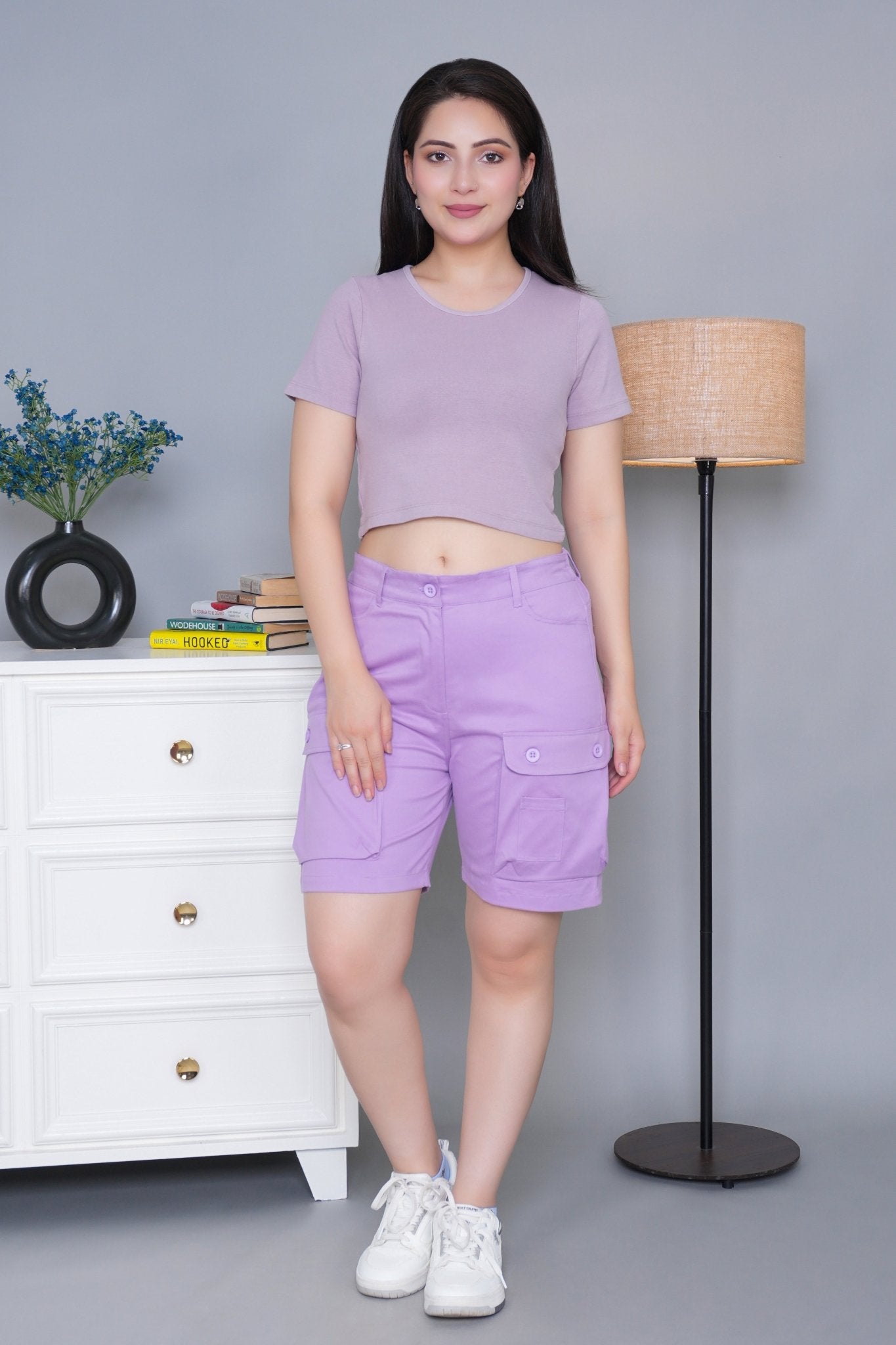 Lavender stretchable biowash USA HQ cotton travel shorts with superior elastic belt. - Travel shorts