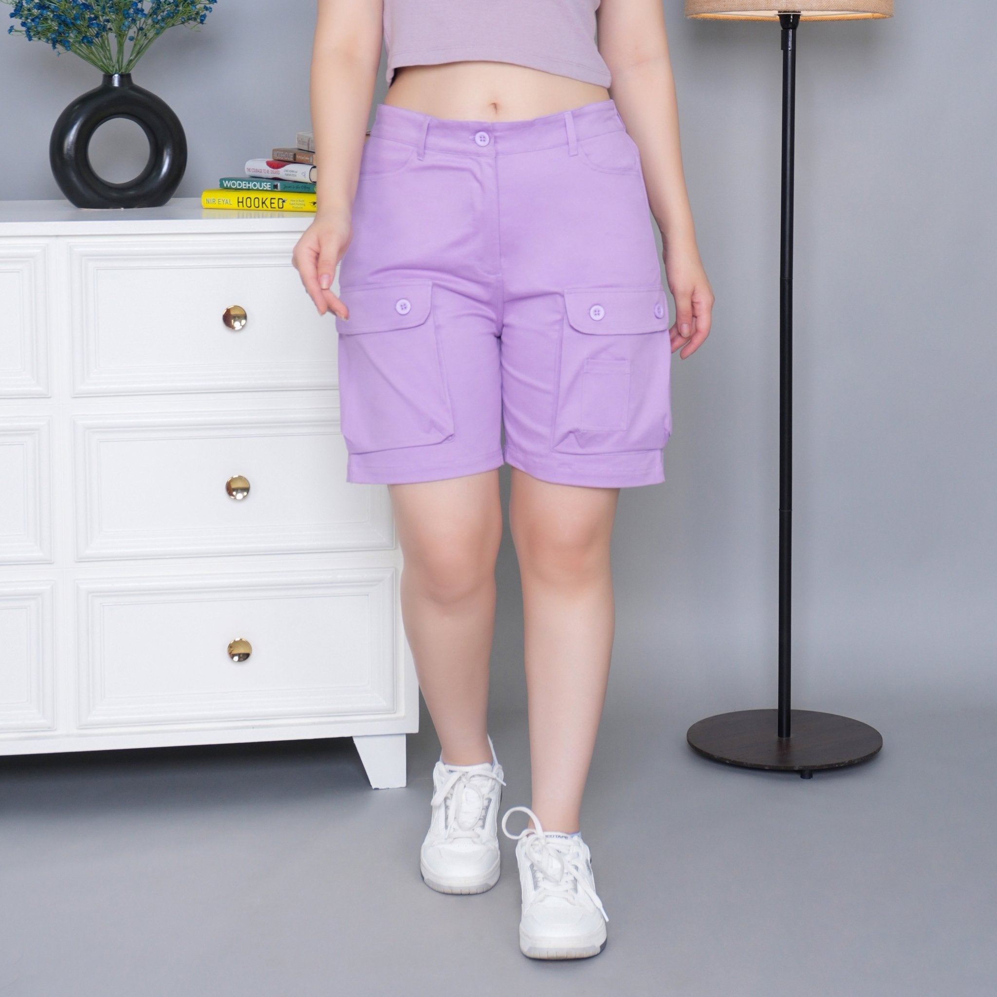 Lavender stretchable biowash USA HQ cotton travel shorts with superior elastic belt. - Travel shorts