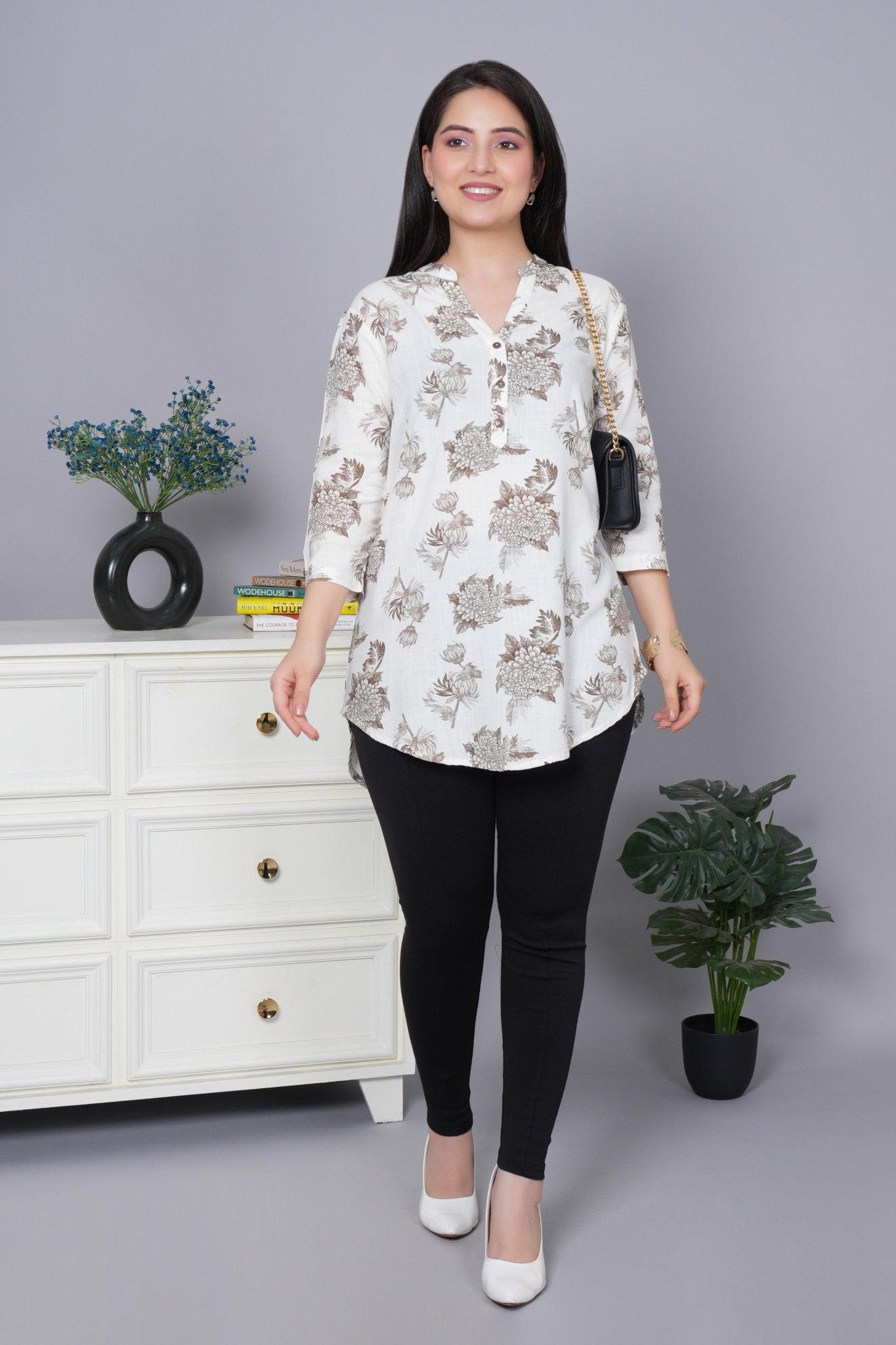 Leaf brown printed kurta neck cotton top [100% Cotton] - Cotton printed kurta neck top