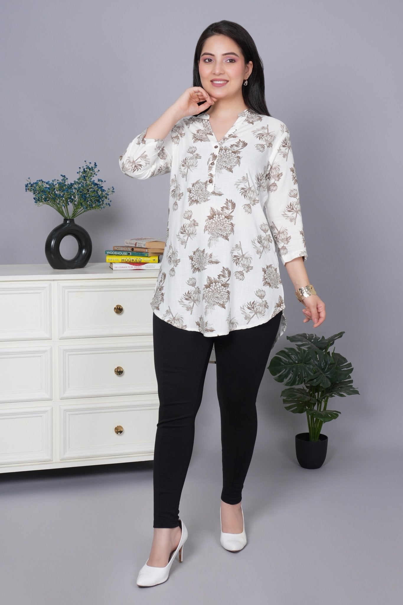 Leaf brown printed kurta neck cotton top [100% Cotton] - Cotton printed kurta neck top